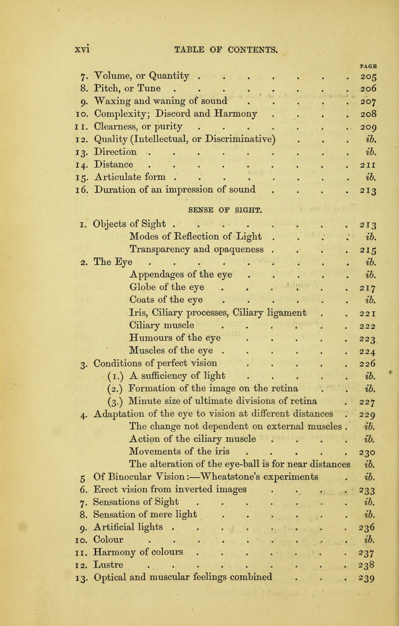 PAGE 7* Willi mp csv On fin tit v one1 o o. L^t /~vt> I n t~i t~\ 206 9- ^Vaxing and. waning of sound. ..... 207 IO. Complexity^ Discord and. Harmony .... 200 11. Clearness, or purity 209 12. Quality (Intellectual, or Discriminative) ih. 13- ih, 14. 211 15- 16. Duration of an impression of sound. .... 213 SENSE OF SIGHT. 1. Objects of Sight . ... . . , . 213 J.VJLOQ6S OI xvt3H6CT}10Il OI -Lilgilu • • • • oh to. J_ A tit JUL D IJtU. V atLLXX \JIJCA/\A lAC'Xi.C'Do • • • • O T C 215 Thp F!vp ih IV. A m~inTi f t 0 n'DC! /\t fh fl otto xxpponcuigca 01 tile ye • • . • ■ ih tO. 1 r\ rlO /IT f h£l OTTO ' vxiout; 01 tiic eye ... ... 217 l1/*QTC! /~\T TrlO OTTO vudtn L»l LJJ.O eye ...... ih to. 1 VI y f ,1 nnT>Tr Y~kTVk/**OQC10C! 1 1 IO T*TT 11 (ICQ TVi OY»f* xii&j v^xiictxy ijx utvboebj vyi.ixdxy iigctiiicii u . . 221 Ciliary muscle ...... 222 Humours of the eye . . . . . 223 TVTnc!/«lo« r\f +,no otto 224 3- Conditions of perfect vision . . . . 220 (i.) -A. sufficiency of light ..... oh to. (2.) Formation of the image on the retina •7 to. (3-) Minute size of ultimate divisions of retina 227 4- A ^10n^0-f-i /\t> r\T f no otto f a tticn r\~t~\ qt* r\ 1 TTOT*onT niof qti/»£»cj j3.Qapuaiiion 01 tiitj fjt; uu vibiuij. cit tuiiciciiu tiibuanccs . 229 The change not dependent on external muscles . tO. Action of the ciliary muscle .... nh to. Movements of the iris . . . . 230 The alteration of the eye-ball is for near distances •I to. 5 Of Binocular Vision:—Wheatstone's experiments to. 6. Erect vision from inverted images .... 233 Sensations of Sight . . oh to. 8. Sensation of mere light . . . ... ih. 9- Artificial lights . . . . 236 10. Colour . . . . . ih. 11. Harmony of colours . . ..... 12. Lustre . . . . . ... 238 13- Optical and muscular feelings combined 239