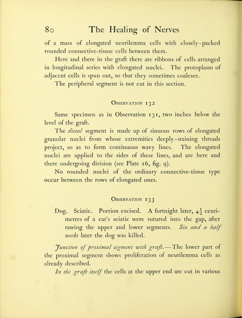 of a mass of elongated neurilemma cells with closely-packed rounded connective-tissue cells between them. Here and there in the graft there are ribbons of cells arranged in longitudinal series with elongated nuclei. The protoplasm of adjacent cells is spun out, so that they sometimes coalesce. The peripheral segment is not cut in this section. Observation 132 Same specimen as in Observation 131, two inches below the level of the graft. The distal segment is made up of sinuous rows of elongated granular nuclei from whose extremities deeply-staining threads project, so as to form continuous wavy lines. The elongated nuclei are applied to the sides of these lines, and are here and there undergoing division (see Plate 16, fig. 9). No rounded nuclei of the ordinary connective-tissue type occur between the rows of elongated ones. Observation 133 Dog. Sciatic. Portion excised. A fortnight later, 4^ centi- metres of a cat's sciatic were sutured into the gap, after rawing the upper and lower segments. Six and a half weeh later the dog was killed. Junction of proximal segment with graft.—The lower part of the proximal segment shows proliferation of neurilemma cells as already described. In the graft itself the cells at the upper end are cut in various