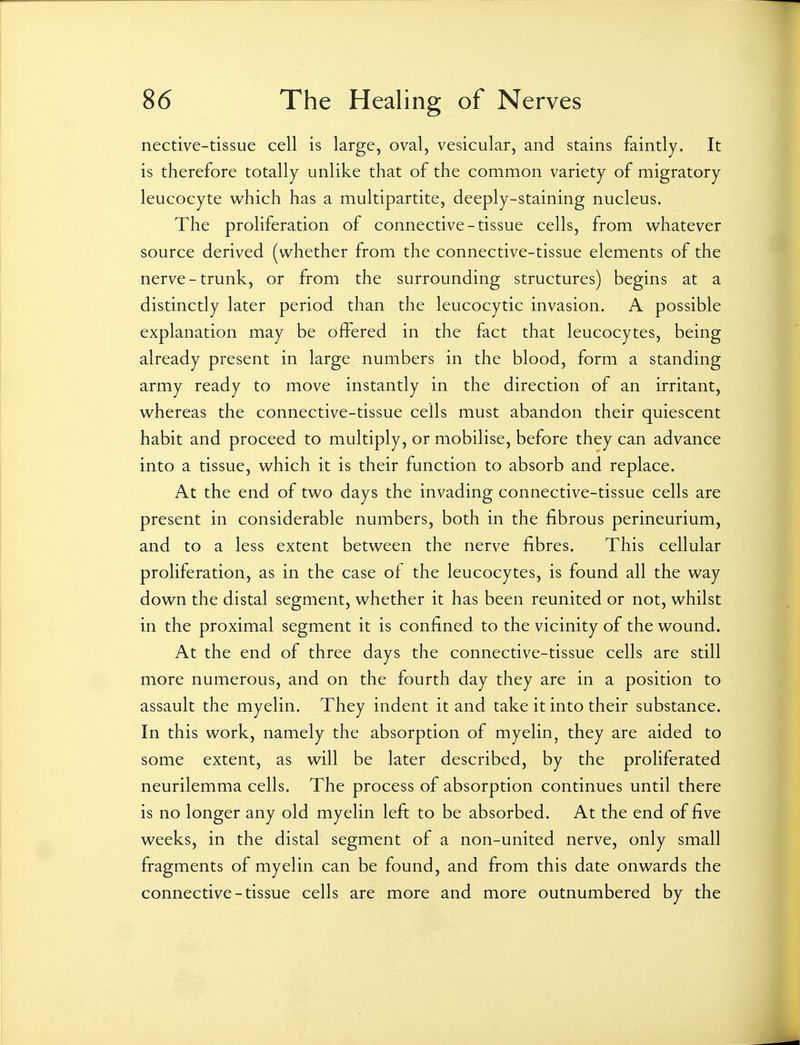 nective-tissue cell is large, oval, vesicular, and stains faintly. It is therefore totally unlike that of the common variety of migratory leucocyte which has a multipartite, deeply-staining nucleus. The proliferation of connective-tissue cells, from whatever source derived (whether from the connective-tissue elements of the nerve-trunk, or from the surrounding structures) begins at a distinctly later period than the leucocytic invasion. A possible explanation may be offered in the fact that leucocytes, being already present in large numbers in the blood, form a standing army ready to move instantly in the direction of an irritant, whereas the connective-tissue cells must abandon their quiescent habit and proceed to multiply, or mobilise, before they can advance into a tissue, which it is their function to absorb and replace. At the end of two days the invading connective-tissue cells are present in considerable numbers, both in the fibrous perineurium, and to a less extent between the nerve fibres. This cellular proliferation, as in the case of the leucocytes, is found all the way down the distal segment, whether it has been reunited or not, whilst in the proximal segment it is confined to the vicinity of the wound. At the end of three days the connective-tissue cells are still more numerous, and on the fourth day they are in a position to assault the myelin. They indent it and take it into their substance. In this work, namely the absorption of myelin ^ they are aided to some extent, as will be later described, by the proliferated neurilemma cells. The process of absorption continues until there is no longer any old myelin left to be absorbed. At the end of five weeks, in the distal segment of a non-united nerve, only small fragments of myelin can be found, and from this date onwards the connective-tissue cells are more and more outnumbered by the
