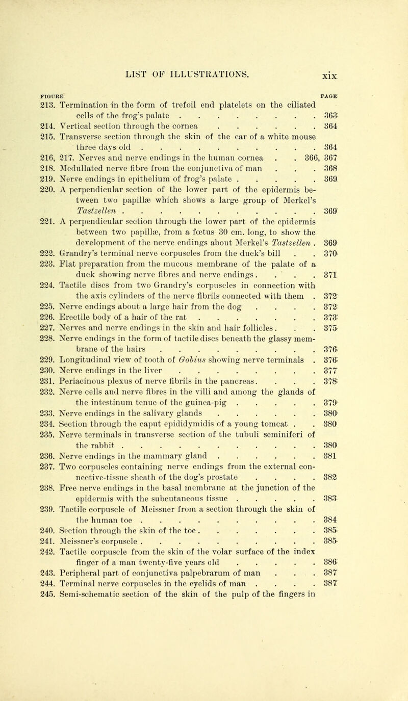 FIGURE PAGE 213. Termination in the form of trefoil end platelets on the ciliated cells of the frog's palate 363: 214. Vertical section through the cornea 364 215. Transverse section through the skin of the ear of a white mouse three days old 364 216. 217. Nerves and nerve endings in the human cornea . . 366, 367 218. Medullated nerve fibre from the conjunctiva of man . . . 368 219. Nerve endings in epithelium of frog's palate 369l 220. A perpendicular section of the lower part of the epidermis be- tween two papillae which shows a large group of Merkel's TastzeJlen 369^ 221. A perpendicular section through the lower part of the epidermis between two papillae, from a foetus 30 cm. long, to show the development of the nerve endings about Merkel's Tas/^e/Ze^i . 369 222. Grandry's terminal nerve corpuscles from the duck's bill . . 370 223. Flat preparation from the mucous membrane of the palate of a duck showing nerve fibres and nerve endings .... 371 224. Tactile discs from two Grandry's corpuscles in connection with the axis cylinders of the nerve fibrils connected with them . 372 225. Nerve endings about a large hair from the dog .... 372 226. Erectile body of a hair of the rat 373: 227. Nerves and nerve endings in the skin and hair follicles . . . 375' 228. Nerve endings in the form of tactile discs beneath the glassy mem- brane of the hairs 376- 229. Longitudinal view of tooth of Gohius showing nerve terminals . 376' 230. Nerve endings in the liver 377 231. Periacinous plexus of nerve fibrils in the pancreas. . . . 378 232. Nerve cells and nerve fibres in the villi and among the glands of the intestinum tenue of the guinea-pig 379' 233. Nerve endings in the salivary glands 380* 234. Section through the caput epididymidis of a young tomcat . . 380' 235. Nerve terminals in transverse section of the tubuli seminiferi of the rabbit 380 236. Nerve endings in the mammary gland 381 237. Two corpuscles containing nerve endings from the external con- nective-tissue sheath of the dog's prostate .... 382 238. Free nerve endings in the basal membrane at the junction of the epidermis with the subcutaneous tissue 383 239. Tactile corpuscle of Meissner from a section through the skin of the human toe 384 240. Section through the skin of the toe 385 241. Meissner's corpuscle 385 242. Tactile corpuscle from the skin of the volar surface of the index finger of a man twenty-five years old 386 243. Peripheral part of conjunctiva palpebrarum of man . . . 387 244. Terminal nerve corpuscles in the eyelids of man .... 387 245. Semi-schematic section of the skin of the pulp of the fingers in