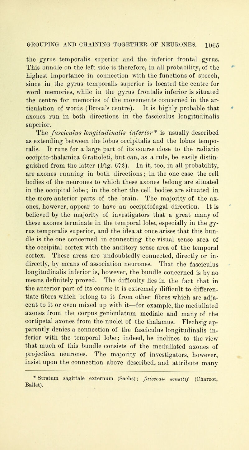 the gyrus temporalis superior and the inferior frontal gyrus. This bundle on the left side is therefore, in all probability, of the highest importance in connection with the functions of speech, since in the gyrus temporalis superior is located the centre for word memories, while in the gyrus frontalis inferior is situated the centre for memories of the movements concerned in the ar- ticulation of words (Broca's centre). It is highly probable that axones run in both directions in the fasciculus longitudinalis superior. The fascicuhis longitudinalis inferior * is usually described as extending between the lobus occipitalis and the lobus tempo- ralis. It runs for a large part of its course close to the radiatio occipito-thalamica Gratioleti, but can, as a rule, be easily distin- guished from the latter (Fig. 672). In it, too, in all probability, are axones running in both directions; in the one case the cell bodies of the neurones to which these axones belong are situated in the occipital lobe; in the other the cell bodies are situated in the more anterior parts of the brain. The majority of the ax- ones, however, appear to have an occipitofugal direction. It is believed by the majority of investigators that a great many of these axones terminate in the temporal lobe, especially in the gy- rus temporalis superior, and the idea at once arises that this bun- dle is the one concerned in connecting the visual sense area of the occipital cortex with the auditory sense area of the temporal cortex. These areas are undoubtedly connected, directly or in- directly, by means of association neurones. That the fasciculus longitudinalis inferior is, however, the bundle concerned is by no means definitely proved. The difficulty lies in the fact that in the anterior part of its course it is extremely difficult to diiferen- tiate fibres which belong to it from other fibres which are adja- cent to it or even mixed up with it—for example, the medullated axones from the corpus geniculatum mediale and many of the cortipetal axones from the nuclei of the thalamus. Flechsig ap- parently denies a connection of the fasciculus longitudinalis in- ferior with the temporal lobe ; indeed, he inclines to the view that much of this bundle consists of the medullated axones of projection neurones. The majority of investigators, however, insist upon the connection above described, and attribute many * Stratum sagittale externum (Sachs); faisceau sensitif (Charcot, Ballet).