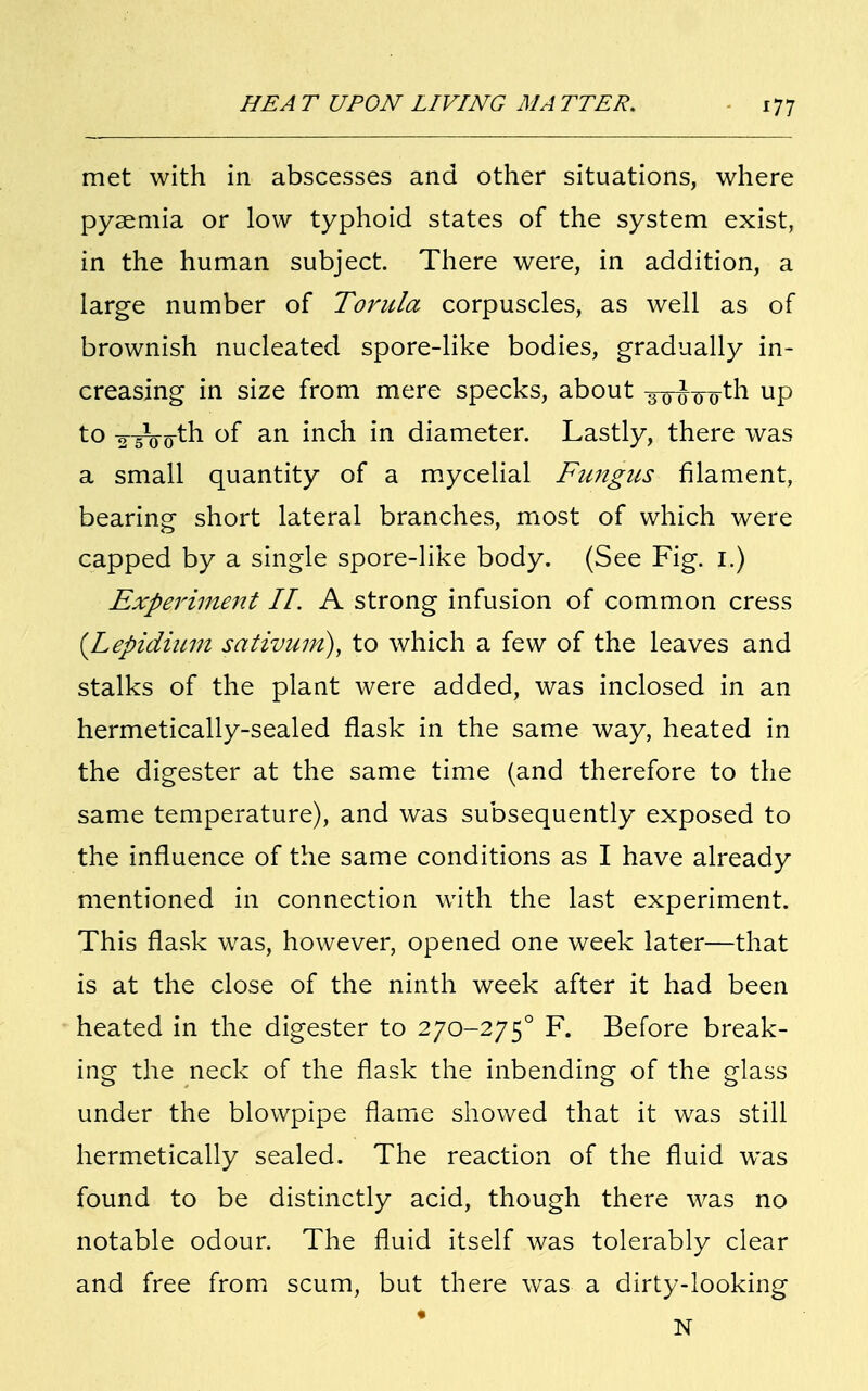 met with in abscesses and other situations, where pyaemia or low typhoid states of the system exist, in the human subject. There were, in addition, a large number of Torula corpuscles, as well as of brownish nucleated spore-like bodies, gradually in- creasing in size from mere specks, about 30 \ Ooth up to YtWth of an inch in diameter. Lastly, there was a small quantity of a mycelial Fungus filament, bearing short lateral branches, most of which were capped by a single spore-like body. (See Fig. 1.) Experiment II. A strong infusion of common cress {Lepidium sativum), to which a few of the leaves and stalks of the plant were added, was inclosed in an hermetically-sealed flask in the same way, heated in the digester at the same time (and therefore to the same temperature), and was subsequently exposed to the influence of the same conditions as I have already mentioned in connection with the last experiment. This flask was, however, opened one week later—that is at the close of the ninth week after it had been heated in the digester to 270-2750 F. Before break- ing the neck of the flask the inbending of the glass under the blowpipe flame showed that it was still hermetically sealed. The reaction of the fluid was found to be distinctly acid, though there was no notable odour. The fluid itself was tolerably clear and free from scum, but there wras a dirty-looking