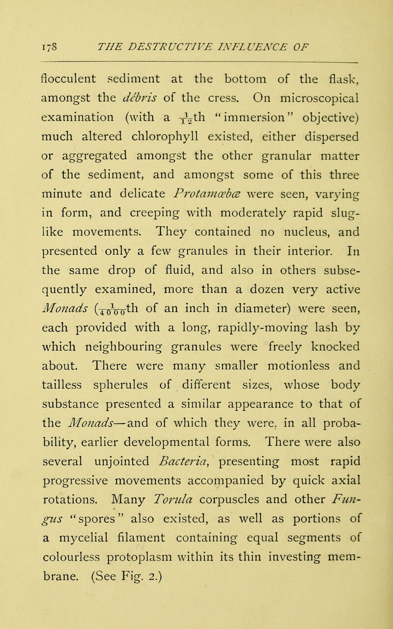 flocculent sediment at the bottom of the flask, amongst the debris of the cress. On microscopical examination (with a -^th immersion objective) much altered chlorophyll existed, either dispersed or aggregated amongst the other granular matter of the sediment, and amongst some of this three minute and delicate Protamcebcz were seen, varying in form, and creeping with moderately rapid slug- like movements. They contained no nucleus, and presented only a few granules in their interior. In the same drop of fluid, and also in others subse- quently examined, more than a dozen very active Monads (xoVoth of an inch in diameter) were seen, each provided with a long, rapidly-moving lash by which neighbouring granules were freely knocked about. There were many smaller motionless and tailless spherules of different sizes, whose body substance presented a similar appearance to that of the Monads—and of which they were, in all proba- bility, earlier developmental forms. There were also several unjointed Bacteria, presenting most rapid progressive movements accompanied by quick axial rotations. Many Torula corpuscles and other Fun- gus  spores also existed, as well as portions of a mycelial filament containing equal segments of colourless protoplasm within its thin investing mem- brane. (See Fig. 2.)