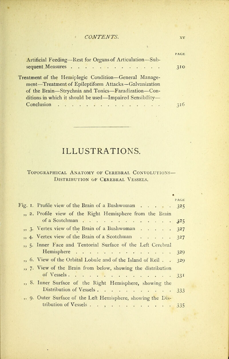 PAGE Artificial Feeding—Rest for Organs of Articulation—Sub- sequent M easures 310 Treatment of the Hemiplegic Condition—General Manage- ment—Treatment of Epileptiform Attacks—Galvanization of the Brain—Strychnia and Tonics—Faradization—Con- ditions in which it should be used—Impaired Sensibility— Conclusion 316 ILLUSTRATIONS. Topographical Anatomy of Cerebral Convolutions— Distribution of Cerebral Vessels. PAGE Fig. I. Profile view of the Brain of a Bushwoman ..... 325 ,, 2. Profile view of the Right Hemisphere from the Brain of a Scotchman 325 ,, 3. Vertex view of the Brain of a Bushwoman ..... 327 4. Vertex view of the Brain of a Scotchman ..... 327 5. Inner Face and Tentorial Surface of the Left Cerebral Hemisphere 329 6. View of the Orbital Lobule and of the Island of Reil . . 329 7. View of the Brain from below, showing the distribution of Vessels 331 8. Inner Surface of the Right Hemisphere, showing the Distribution of Vessels . 333 ,, 9. Outer Surface of the Left Hemisphere, showing the Dis- tribution of Vessels . . , 335