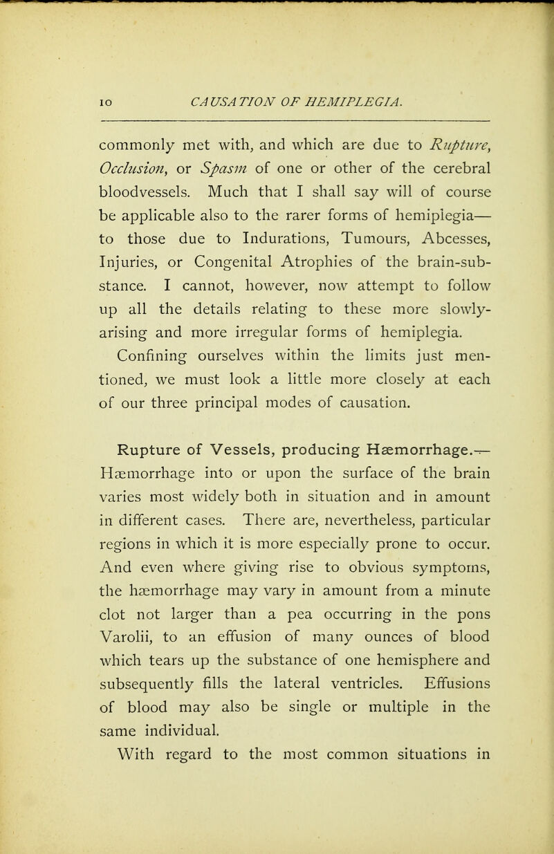 commonly met with, and which are due to Rupture, Occlusion, or Spasm of one or other of the cerebral bloodvessels. Much that I shall say will of course be applicable also to the rarer forms of hemiplegia— to those due to Indurations, Tumours, Abcesses, Injuries, or Congenital Atrophies of the brain-sub- stance. I cannot, however, now attempt to follow up all the details relating to these more slowly- arising and more irregular forms of hemiplegia. Confining ourselves within the limits just men- tioned, we must look a little more closely at each of our three principal modes of causation. Rupture of Vessels, producing Haemorrhage. Haemorrhage into or upon the surface of the brain varies most widely both in situation and in amount in different cases. There are, nevertheless, particular regions in which it is more especially prone to occur. And even where giving rise to obvious symptoms, the haemorrhage may vary in amount from a minute clot not larger than a pea occurring in the pons Varolii, to an effusion of many ounces of blood which tears up the substance of one hemisphere and subsequently fills the lateral ventricles. Effusions of blood may also be single or multiple in the same individual. With regard to the most common situations in