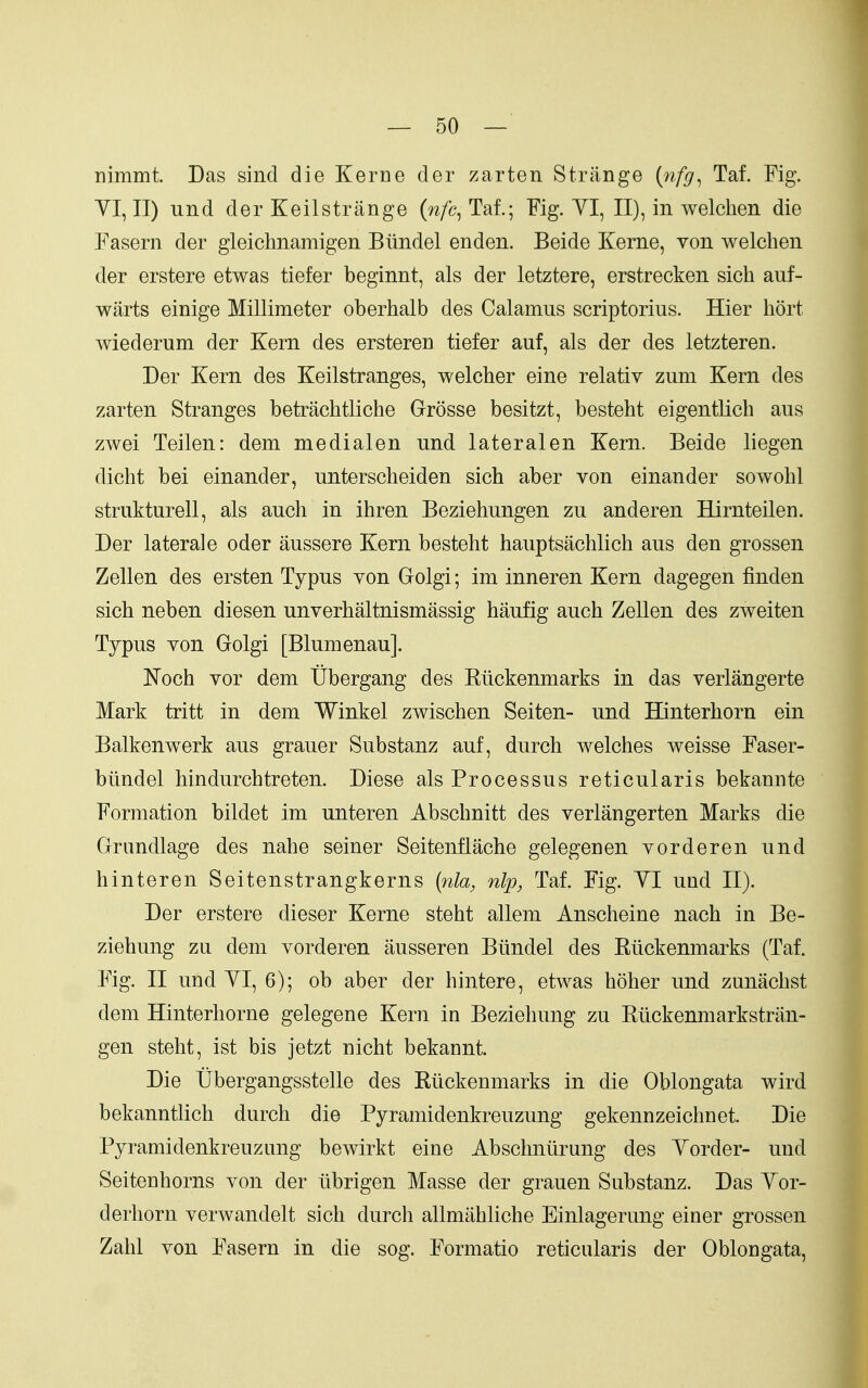 nimmt. Das sind die Kerne der zarten Strange {nfg^ Taf. Fig. YI, II) und derKeilstrange (w/b, Tal; Fig. YI, II), in welchen die Fasern der gleichnamigen Btindel enden. Beide Kerne, von welchen der erstere etwas tiefer beginnt, als der letztere, erstrecken sich aiif- warts einige Millimeter oberhalb des Calamus scriptorius. Hier liort wiederum der Kern des ersteren tiefer auf, als der des letzteren. Der Kern des Keilstranges, welcher eine relativ zum Kern des zarten Stranges betrachtliche Grosse besitzt, besteht eigentlich aus zwei Teilen: dem me dial en und lateralen Kern. Beide liegen dicht bei einander, unterscheiden sich aber von einander sowohl strukturell, als auch in ihren Beziehungen zu anderen Hirnteilen. Der laterale oder aussere Kern besteht hauptsachlich aus den grossen Zellen des ersten Typus von Golgi; im inneren Kern dagegen finden sich neben diesen unverhaltnismassig haufig auch Zellen des zweiten Typus von Golgi [Blumenau]. Noch vor dem Ubergang des Eiickenmarks in das verlangerte Mark tritt in dem Winkel zwischen Seiten- und Hinterhorn ein Balkenwerk aus grauer Substanz auf, durch welches weisse Faser- biindel hindurchtreten. Diese als Processus reticularis bekannte Formation bildet im unteren Abschnitt des verlangerten Marks die Grundlage des nahe seiner Seitenflache gelegenen vorderen und hinteren Seitenstrangkerns (nla, nip, Taf. Fig. YI und II). Der erstere dieser Kerne steht allem Anscheine nach in Be- ziehung zu dem vorderen ausseren Biindel des Eiickenmarks (Taf. Fig. II und YI, 6); ob aber der hintere, etwas hoher und zunachst dem Hinterhorne gelegene Kern in Beziehung zu Ktickenmarkstran- gen steht, ist bis jetzt nicht bekannt. Die tibergangsstelle des Rtickenmarks in die Oblongata wird bekanntlich durch die Pyramidenkreuzung gekennzeichnet. Die Pyramidenkreuzang bewirkt eine Abschniirung des Yorder- und Seitenhorns von der tibrigen Masse der grauen Substanz. Das Yor- derhorn verwandelt sich durcli allmahliche Einlagerimg einer grossen Zahl von Fasern in die sog. Formatio reticularis der Oblongata,