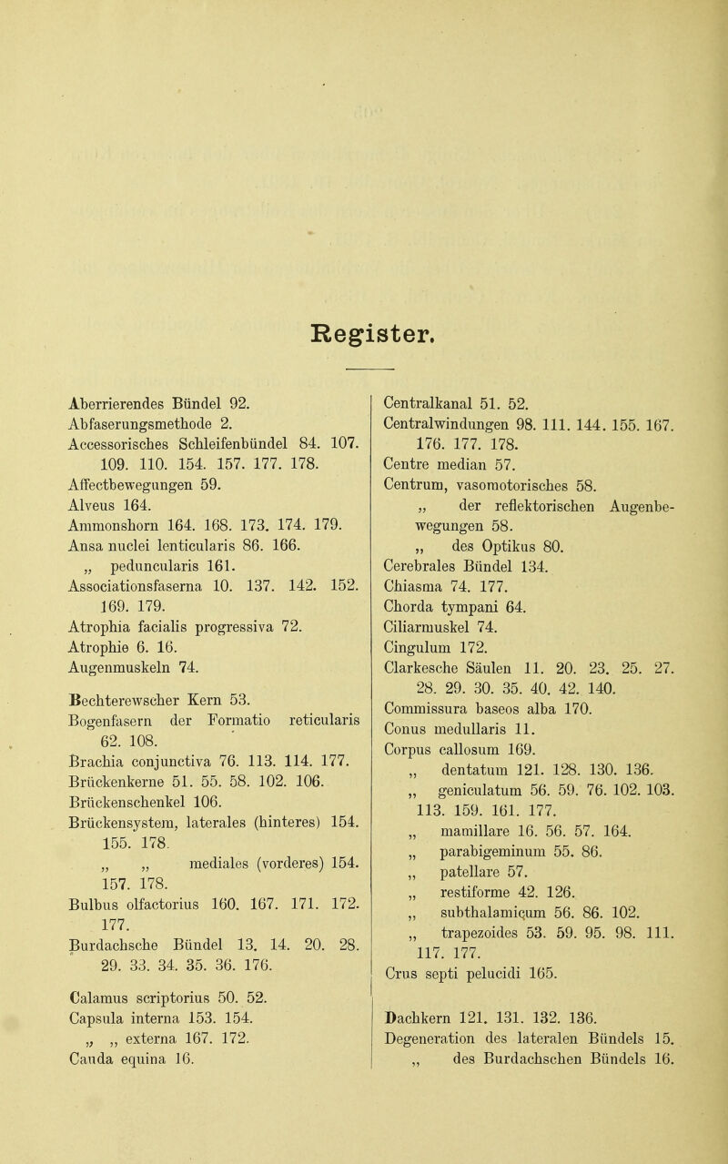 Register. Aberrierendes Biindel 92. Abfaserungsmethode 2. Accessorisches Schleifenbiindel 84. 107. 109. 110. 154. 157. 177. 178. Affectbewegangen 59. Alveus 164. Ammonshorn 164. 168. 173. 174. 179. Ansa nuclei lenticularis 86. 166. „ peduncularis 161. Associationsfaserna 10. 137. 142. 152. 169. 179. Atrophia facialis progressiva 72. Atrophia 6. 16. Augenmuskeln 74. Bechterewscher Kern 53. Bogenfasern der Formatio reticularis 62. 108. Brachia conjunctiva 76. 113. 114. 177. Briickenkerne 51. 55. 58. 102. 106. Brtickenschenkel 106. Briickensystera, laterales (hinteres) 154. 155. 178. „ „ mediales (vorderes) 154. 157. 178. Bulbus olfactorius 160. 167. 171. 172. 177. Burdachsche Bundel 13. 14. 20. 28. 29. 33. 34. 35. 36. 176. Calamus scriptorius 50. 52. Capsula interna 153. 154. „ externa 167. 172. Cauda equina 16. Centralkanal 51. 52. Centralwindungen 98. 111. 144. 155. 167. 176. 177. 178. Centre median 57. Centrum, vasoraotorisches 58. „ der reflektorischen Augenbe- wegungen 58. „ des Optikus 80. Cerebrales Bundel 134. Chiasma 74. 177. Chorda tympani 64. CiUarmuskel 74. Cingulum 172. Clarkesche Saulen 11. 20. 23. 25. 27. 28. 29. 30. 35. 40, 42. 140. Commissura baseos alba 170. Conus meduUaris 11. Corpus callosum 169. „ dentatum 121. 128. 130. 136. „ geniculatum 56. 59. 76. 102. 103. 113. 159. 161. 177. „ mamillare 16. 56. 57. 164. „ parabigeminum 55. 86. „ patellare 57. „ restiforme 42. 126. „ subthalamiqum 56. 86. 102. „ trapezoides 53. 59. 95. 98. 111. 117. 177. Crus septi pelucidi 165. Dachkern 121. 131. 132. 136. Degeneration des lateralen Biindels 15. „ des Burdachschen Biindels 16.