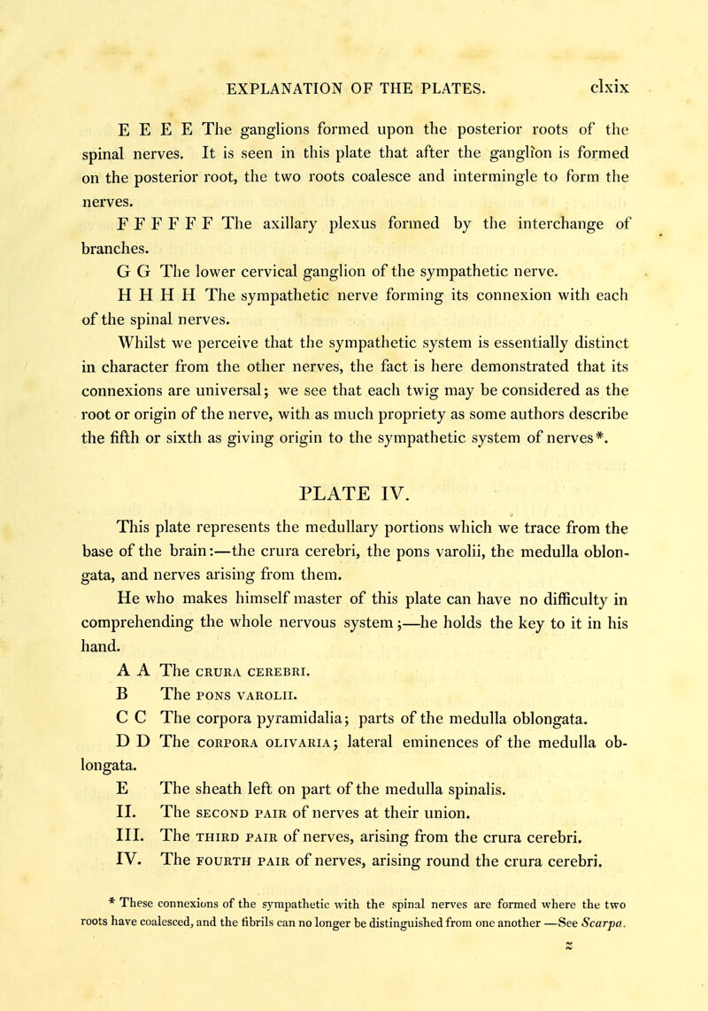 E E E E The ganglions formed upon the posterior roots of the spinal nerves. It is seen in this plate that after the ganglion is formed on the posterior root, the two roots coalesce and intermingle to form the nerves. r r F F F F The axillary plexus formed by the interchange of branches. G G The lower cervical ganglion of the sympathetic nerve. H H H H The sympathetic nerve forming its connexion with each of the spinal nerves. Whilst we perceive that the sympathetic system is essentially distinct in character from the other nerves, the fact is here demonstrated that its connexions are universal; we see that each twig may be considered as the root or origin of the nerve, with as much propriety as some authors describe the fifth or sixth as giving origin to the sympathetic system of nerves*. PLATE IV. This plate represents the medullary portions which we trace from the base of the brain:—the crura cerebri, the pons varolii, the medulla oblon- gata, and nerves arising from them. He who makes himself master of this plate can have no difficulty in comprehending the whole nervous system;—he holds the key to it in his hand. A A The CRURA cerebri. B The PONS VAROLII. C C The corpora pyramidalia; parts of the medulla oblongata. D D The CORPORA olivaria; lateral eminences of the medulla ob- longata. E The sheath left on part of the medulla spinalis. II. The SECOND PAIR of nerves at their union. III. The THIRD PAIR of nerves, arising from the crura cerebri. IV. The FOURTH PAIR of nerves, arising round the crura cerebri. * These connexions of the sympathetic with the spinal nerves are formed where the two roots have coalesced, and the fibrils can no longer be distinguished from one another —See Scarpa. %