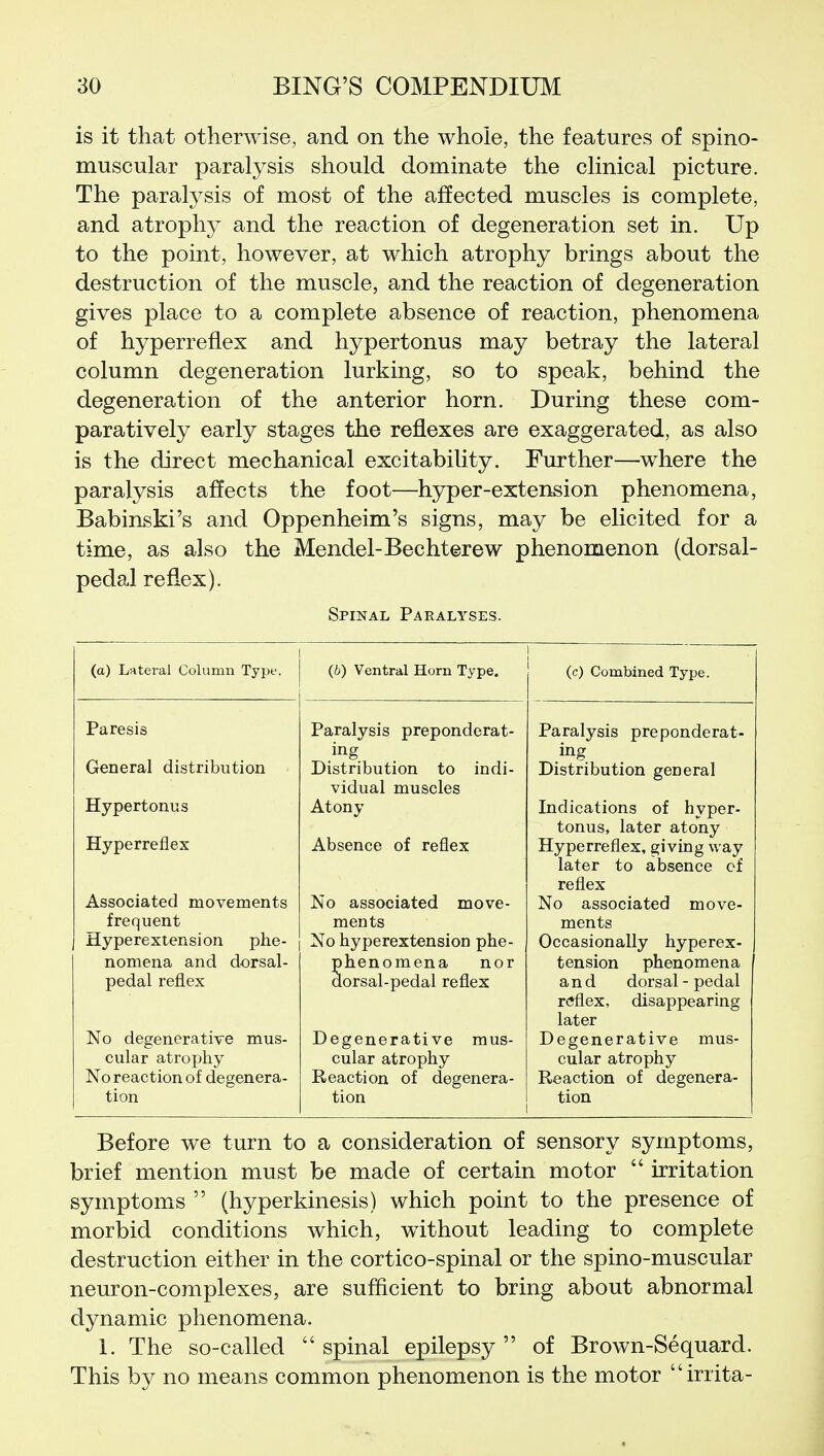 is it that otherwise, and on the whole, the features of spino- muscular paralysis should dominate the clinical picture. The paralysis of most of the affected muscles is complete, and atrophy and the reaction of degeneration set in. Up to the point, however, at which atrophy brings about the destruction of the muscle, and the reaction of degeneration gives place to a complete absence of reaction, phenomena of hyperreflex and hypertonus may betray the lateral column degeneration lurking, so to speak, behind the degeneration of the anterior horn. During these com- paratively early stages the reflexes are exaggerated, as also is the direct mechanical excitability. Further—where the paralysis affects the foot—hyper-extension phenomena, Babinski's and Oppenheim's signs, may be elicited for a time, as also the Mendel-Bechterew phenomenon (dorsal- pedal reflex). Spinal Paralyses. (a) Lateral Column Type. (6) Ventral Horn Type. (c) Combined Type. Paresis General distribution Hypertonus Hyperreflex Associated movements frequent Hyperextension phe- nomena and dorsal- pedal reflex No degenerative mus- cular atrophy No reaction of degenera- tion Paralysis preponderat- ing Distribution to indi- vidual muscles Atony Absence of reflex No associated move- ments No hyperextension phe- phenomena nor dorsal-pedal reflex Degenerative mus- cular atrophy Reaction of degenera- tion Paralysis preponderat- ing Distribution general Indications of hyper- tonus, later atony Hyperreflex, giving way later to absence cf reflex No associated move- ments Occasionally hyperex- tension phenomena and dorsal - pedal reflex, disappearing later Degenerative mus- cular atrophy Reaction of degenera- tion Before we turn to a consideration of sensory symptoms, brief mention must be made of certain motor  irritation symptoms  (hyperkinesis) which point to the presence of morbid conditions which, without leading to complete destruction either in the cortico-spinal or the spino-muscular neuron-complexes, are sufficient to bring about abnormal dynamic phenomena. 1. The so-called  spinal epilepsy  of Brown-Sequard. This by no means common phenomenon is the motor irrita-