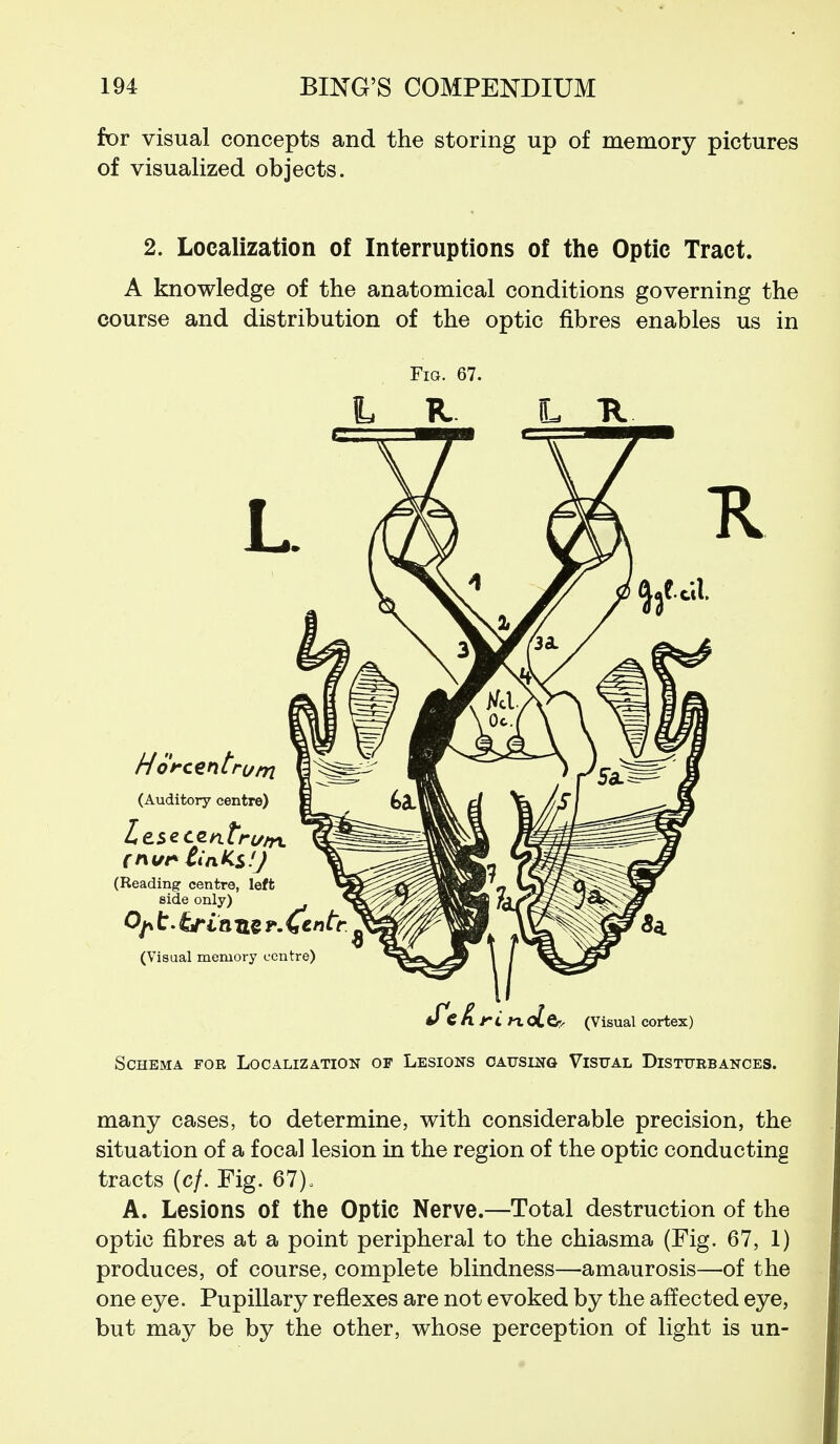 for visual concepts and the storing up of memory pictures of visualized objects. 2. Localization of Interruptions of the Optic Tract. A knowledge of the anatomical conditions governing the course and distribution of the optic fibres enables us in (Auditory centre) (Reading centre, left side only) (Visual memory centre) (Visual cortex) Schema for Localization of Lesions causing Visual Disturbances. many cases, to determine, with considerable precision, the situation of a focal lesion in the region of the optic conducting tracts (c/. Fig. 67)^ A. Lesions of the Optic Nerve.—Total destruction of the optic fibres at a point peripheral to the chiasma (Fig. 67, 1) produces, of course, complete blindness—amaurosis—of the one eye. Pupillary reflexes are not evoked by the affected eye, but may be by the other, whose perception of light is un-