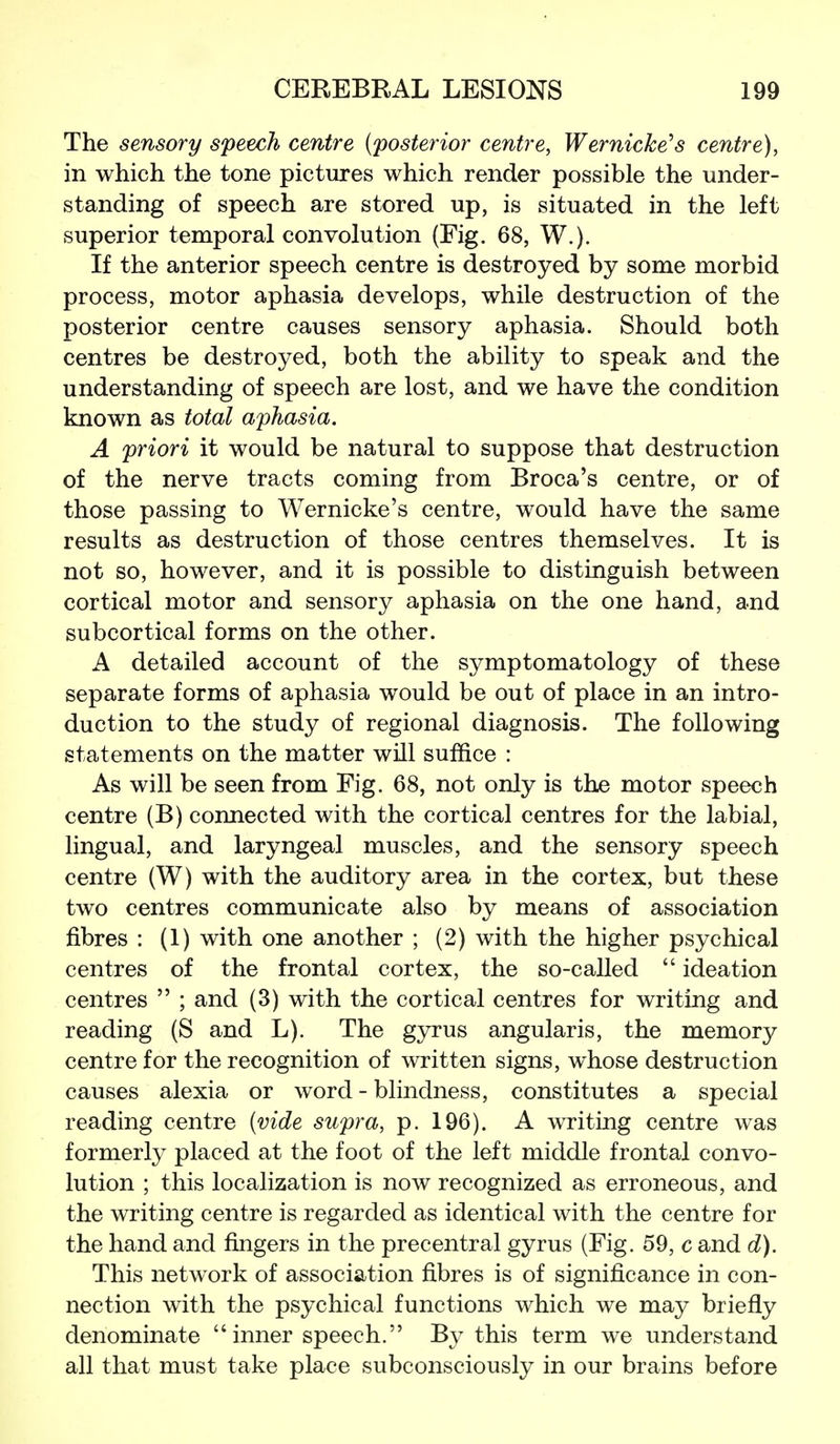 The sensory speech centre {posterior centre, Wernicke's centre), in which the tone pictures which render possible the under- standing of speech are stored up, is situated in the left superior temporal convolution (Fig. 68, W.). If the anterior speech centre is destroyed by some morbid process, motor aphasia develops, while destruction of the posterior centre causes sensory aphasia. Should both centres be destroyed, both the ability to speak and the understanding of speech are lost, and we have the condition known as total aphasia. A priori it would be natural to suppose that destruction of the nerve tracts coming from Broca's centre, or of those passing to Wernicke's centre, would have the same results as destruction of those centres themselves. It is not so, however, and it is possible to distinguish between cortical motor and sensory aphasia on the one hand, and subcortical forms on the other. A detailed account of the symptomatology of these separate forms of aphasia would be out of place in an intro- duction to the study of regional diagnosis. The following statements on the matter will suffice : As will be seen from Fig. 68, not only is the motor speech centre (B) connected with the cortical centres for the labial, lingual, and laryngeal muscles, and the sensory speech centre (W) with the auditory area in the cortex, but these two centres communicate also by means of association fibres : (1) with one another ; (2) with the higher psychical centres of the frontal cortex, the so-called  ideation centres  ; and (3) with the cortical centres for writing and reading (S and L). The gyrus angular is, the memory centre for the recognition of written signs, whose destruction causes alexia or word - blindness, constitutes a special reading centre [vide supra, p. 196). A writing centre was formerly placed at the foot of the left middle frontal convo- lution ; this localization is now recognized as erroneous, and the writing centre is regarded as identical with the centre for the hand and fingers in the precentral gyrus (Fig. 59, c and d). This network of association fibres is of significance in con- nection with the psychical functions which we may briefly denominate inner speech. By this term we understand all that must take place subconsciously in our brains before