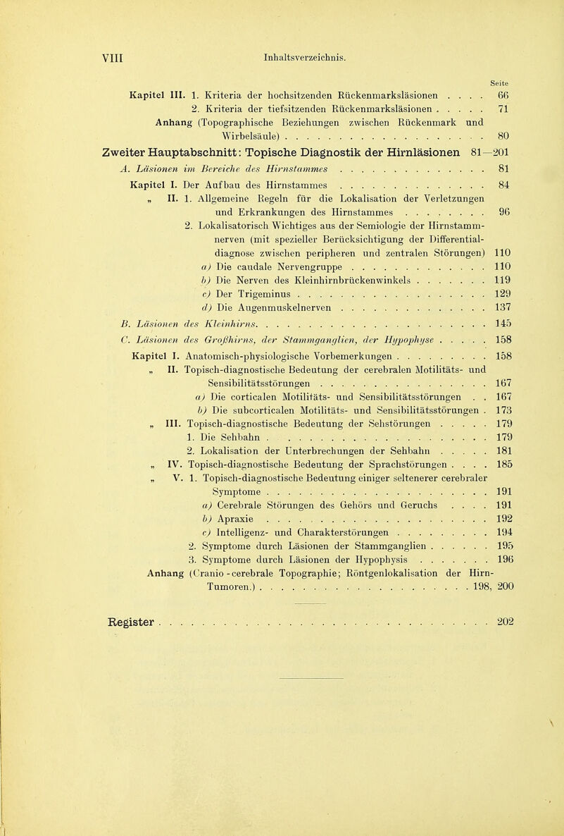 Seite Kapitel III. 1. Kriteria der hochsitzenden Riickenmarkslasionen .... 66 2. Kriteria der tiefsitzenden Riickenmarkslasionen 71 Anhang (Topographische Beziehungen zwischen Ruckenmark und Wirbelsaule) 80 Zweiter Hauptabschnitt: Topisehe Diagnostik der Hirnlasionen 81—201 A. Lcisionen im Bereiche des Hirnstammes 81 Kapitel I. Der Aufbau des Hirnstammes 84 „ II. 1. Allgemeine Regeln fiir die Lokalisation der Verletzungen und Erkrankungen des Hirnstammes 96 2. Lokalisatorisch Wichtiges aus der Semiologie der Hirnstamm- nerven (mit spezieller Beriicksichtigung der Differential- diagnose zwischen peripheren und zentralen Storungen) 110 a) Die caudale Nervengruppe 110 b) Die Nerven des Kleinhirnbriickenwinkels 119 c) Der Trigeminus 129 d) Die Augenmuskelnerven 137 B. Lcisionen des Kleinhirns 145 C. Lcisionen des Grojihirns, der Stammganglien, der Hypophyse 158 Kapitel I. Anatomisch-physiologische Vorbemerkungen 158 „ II. Topisch-diagnostische Bedeutung der cerebralen Motilitats- und Sensibilitatsstorungen 167 a) Die corticalen Motilitats- und Sensibilitatsstorungen . . 167 b) Die subcorticalen Motilitats- und Sensibilitatsstorungen . 173 „ III. Topisch-diagnostische Bedeutung der Sehstorungen 179 1. Die Sehbahn 179 2. Lokalisation der Unterbrechungen der Sehbahn 181 IV. Topisch-diagnostische Bedeutung der SprachstOrungen .... 185 „ V. 1. Topisch-diagnostische Bedeutung einiger seltenerer cerebraler Symptome 191 a) Cerebrale Storungen des Gehors und Geruchs .... 191 b) Apraxie 192 c) Intelligenz- und Charakterstorungen 194 2. Symptome durch Lasionen der Stammganglien 195 3. Symptome durch Lasionen der Hypophysis 196 Anhang (Cranio - cerebrale Topographie; Riintgenlokalisation der Hirn- Tumoren.) 198, 200 Register 202