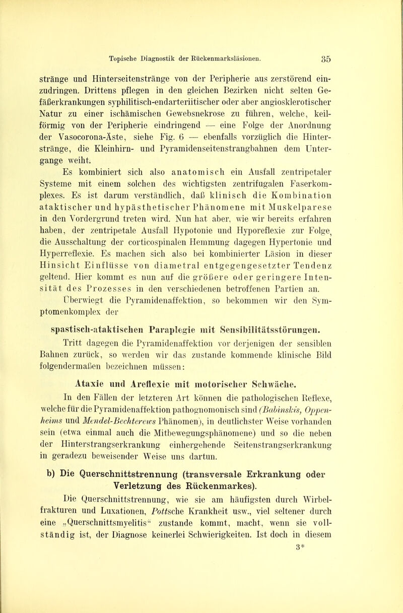 strange und Hinterseitenstrange von der Peripherie aus zerstorend ein- zudringen. Drittens pflegen in den gleichen Bezirken nicht selten Ge- faflerkrankungen syphilitisch-endarteriitischer oder aber angiosklerotiseher Natur zu einer ischamischen Gewebsnekrose zu fiihren, welche, keil- formig von der Peripherie eindringend — eine Folge der Anordnung der Vasocorona-Aste, siehe Fig. 6 — ebenfalls vorziiglich die Hinter- strange, die Kleinhirn- und Pyramidenseitenstrangbahnen dem Unter- gange weiht. Es kombiniert sich also anatomisch ein Ausfall zentripetaler Systeme mit einem solchen des wichtigsten zentrifugalen Faserkom- plexes. Es ist darum verstandlich, dafi klinisch die Kombination ataktischer und hypasthetischer Phanomene mit Muskelparese in den Vordergrund treten wird. Nun hat aber, wie wir bereits erfahren haben, der zentripetale Ausfall Hypotonie und Hyporeflexie zur Folge, die Ausschaltung der corticospinalen Heramung dagegen Hypertonic und Hyperreflexie. Es machen sich also bei kombinierter Lasion in dieser Hinsicht Einfliisse von diametral entgegengesetzter Tendenz geltend. Hier kommt es nun auf die grofiere oder geringere Inten- sitat des Prozesses in den verschiedenen betroffenen Partien an. Uberwiegt die Pyramidenaffektion, so bekommen wir den Sym- ptomenkomplex der spastisch-ataktischen Paraplegie mit Sensibilitatsstorungen. Tritt dagegen die Pyramidenaffektion vor derjenigen der sensiblen Bahnen zuriick, so werden wir das zustande kommende Minische Bild folgendermafien bezeichnen miissen: Ataxie und Arettexie mit motorischcr Schwache. In den Fallen der letzteren Art konnen die pathologischen Reflexe, welche fur die Pyramidenaffektion pathognomonisch sind (Babinskis, Oppen- heims und Mendel-Bechtereivs Phiinomen), in deutlichster Weise vorhanden sein (etwa einmal auch die Mitbewegungsphanomene) und so die neben der Hinterstrangserkrankung einhergehende Seitenstrangserkrankung in geradezu beweisender Weise uns dartun. b) Die Querschnittstrennung (transversale Erkrankung oder Verletzung des Riickenmarkes). Die Querschnittstrennung, wie sie am haufigsten durch Wirbel- frakturen und Luxationen, Porsche Krankheit usw., viel seltener durch eine „Querschnittsmyelitis zustande kommt, macht, wenn sie voll- standig ist, der Diagnose keinerlei Schwierigkeiten. Ist doch in diesem 3*