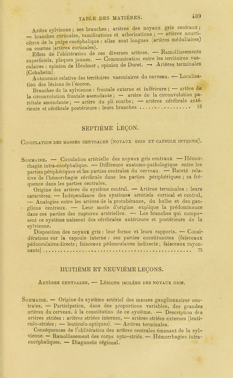 Arlère sylvienne ; ses branches ; artères des noyaux gris centraux ; - branches corticales, ramifications et arborisations ; — artères nourri- cières de la pulpe encéphalique : elles sont longues (artères médullaires; ou courtes (artères corticales). Effets de l'oblitératiou de ces diverses artères. — Kamollissements superficiels, plaques jaunes. — Communication entre les territoires vas- culaires : opinion de Heubner ; opinion de Duret. — Artères terminales {Cohnheim). t r Autonomie relative des territoires vasculaires du cerveau. — Locahsa- tion des lésions de l'écorce. Branches de la sylvienne : frontale externe et inférieure ; — artère de la circonvolution frontale ascendante ; — artère de la circonvolution pa- riétale ascendante ; —artère du pli courbe; —artères cérébrale anté- rieure et cérébrale postérieure : leurs branches S3 SEPTIÈME LEÇON. CiRCOLATION DES MASSES CENTRALES (nOYAUX GRIS ET CAPSULE INTERNe). Sommaire. — Circulation artérielle des noyaux gris centraux — Ilémor- rhagie intra-encépbalique. — Différence anatomo-pathologique entre les parties périphériques et les parties centrales du cerveau. — Rareté rela- tive de l'hémorrhagie cérébrale dans les parties périphériques ; sa fré- quence dans les parties centrales. Origine des artères du système central. — A^rtères terminales : leurs caractères. — Indépendance des systèmes artériels cortical et central, — Analogies entre les artères de la protubérance, du bulbe et des gan- ' glions centraux. — Leur mode d'origine explique la prédominance dans ces parties des ruptures artérielles. — Les branches qui compo- sent ce système naissent des cérébrales antérieure et postérieure de la sylvienne. Disposition des noyaux gris : leur forme et leurs rapports. — Consi- dérations sur la capsule interne : ses parties constituantes (faisceaux pédoDCulaires directs ; faisceaux pédonculaires indirects; faisceaux rayon- nants) 75 HUITIÈME ET NEUVIÈME LEÇONS. Artères centrales. — Lésions isolées des noyaux gris. Sommaire. — Origine du système artériel des masses ganglionnaires cen- trales. — Participation, dans des proportions variables, des grandes artères du cerveau, à la constitution de ce système. — Description dfs artères striées : artères striées internes, — artères striées externes (lenti- culo-striées ; — lenticulo-optiques). — Artères terminales. Conséquences de l'oblitération des artères centrales émanant de la syl- vienne. — RamoUissement des corps opto-striés. — Hémorrhagies iutra- encéphaliques. — Diagnostic régional.