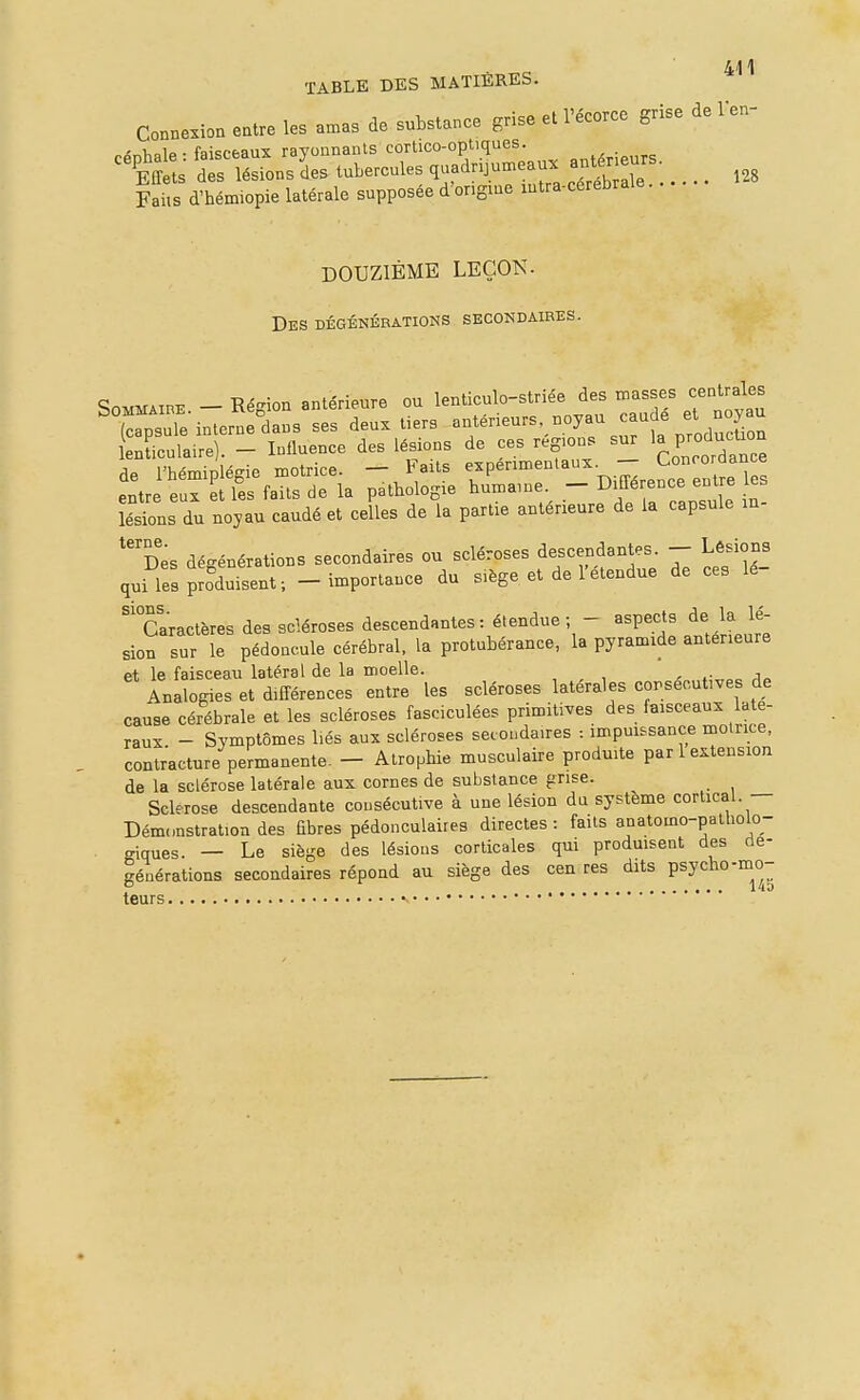 Connexion entre les a.as de substance grise et l'écorce grise de len- r i, lo. fuisp^anx ravounants cortico-optiques. s lé^ioJs 3es tubercules quadrip.eau. an^neurs Faiis d'hémiopie latérale supposée d'origme lutra-cérebrale. DOUZIÈME LEÇON. Des dégénérations secondaires. So^MA,„E. - Région ..I4ri™re ou lenticulo-strile des mjs ceou.les îeîons du noyau caudé et celles de la partie antérieure de la capsule in- %'es dégénératioDS secondaires ou scléroses descendantes. - LêsioDS qui lesprfduTsent; - importance du s>Ège et de l'étendue de ces le- ™ ractères des scléroses descendantes : étendue ; - aspects àe la lé sien sur le pédoncule cérébral, la protubérance, la pyramide antérieure et le faisceau latéral de la moelle. , , , - .-^«e Analogies et différences entre les scléroses latérales corsecutives de cause cérébrale et les scléroses fasciculées primitives des faisceaux laté- raux - Symptômes liés aux scléroses seeoudaires : impuissance moirice, contracture permanente. - Atropbie musculaire produite par 1 extension de la sclérose latérale aux cornes de substance grise. Sclérose descendante consécutive à une lésion du système cortical. — Dém.mstration des fibres pédonculaires directes : faits anatomo-patholo- ■ giques. — Le siège des lésions corticales qui produisent des de- générations secondaires répond au siège des cen res dits psycho-mo-