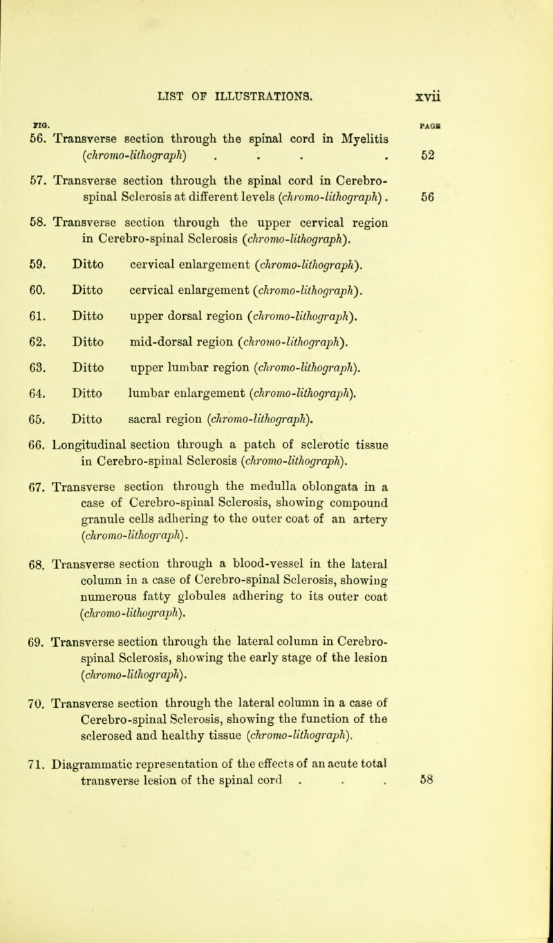 TIO. PAQB 56. Transverse section through the spinal cord in Myelitis (chromo-lithograph) ... .52 57. Transverse section through the spinal cord in Cerebro- spinal Sclerosis at different levels (chromo-lithograph). 56 58. Transverse section through the upper cervical region in Cerebro-spinal Sclerosis {chromo-lithograph). 59. Ditto cervical enlargement (chromo-lithograph). 60. Ditto cervical enlargement (chromo-lithograph). 61. Ditto upper dorsal region (chromo-lithograph). 62. Ditto mid-dorsal region (chromo-lithograph). 63. Ditto upper lumbar region (chromo-lithograph). 64. Ditto lumbar enlargement (chromo-lithograph). 65. Ditto sacral region (chromo-lithograph). 66. Longitudinal section through a patch of sclerotic tissue in Cerebro-spinal Sclerosis (chromo-lithograph). 67. Transverse section through the medulla oblongata in a case of Cerebro-spinal Sclerosis, showing compound granule cells adhering to the outer coat of an artery (chromo-lithograph). 68. Transverse section through a blood-vessel in the lateral column in a case of Cerebro-spinal Sclerosis, showing numerous fatty globules adhering to its outer coat (chromo-lithograph). 69. Transverse section through the lateral column in Cerebro- spinal Sclerosis, showing the early stage of the lesion (chromo-lithograph). 70. Transverse section through the lateral column in a case of Cerebro-spinal Sclerosis, showing the function of the sclerosed and healthy tissue (chromo-lithograph). 71. Diagrammatic representation of the effects of an acute total transverse lesion of the spinal cord ... 58
