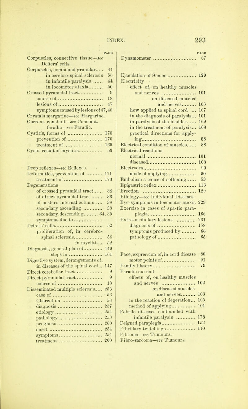 PAGE Corpuscles, connective tissue—see Deiters1 cells. Corpuscles, compound granular 44 in cerebro-spinal sclerosis 56 in infantile paralysis 44 in locomotor ataxia 50 Crossed pyramidal tract 9 course of 18 lesions of 47 symptoms caused by lesions of 47,48 Crystals margarine—see Margarine. Current, constant—see Constant, faradic—see Faradic. Cystitis, forms of 170 prevention of 170 treatment of 169 Cysts, result of myelitis 53 Deep reflexes—see Reflexes. Deformities, prevention of 171 treatment of 170 Degenerations of crossed pyramidal tract 86 of direct pyramidal tract 36 of postero-internal column .... 38 secondary ascending 38 secondary descending 34, 35 symptoms due to Deiters' cells 52 proliferation of, in cerebro- spinal sclerosis 56 in myelitis... 52 Diagnosis, general plan of 149 steps in 161 Digestive system, derangements of, in diseases of the spinal cord... 147 Direct cerebellar tract 9 Direct pyramidal tract 9 course of 18 Disseminated multiple sclerosis 253 case of 56 Charcot on 56 diagnosis 257 etiology 254 pathology 253 prognosis 260 onset 254 symptoms 254 treatment 260 PAGE Dynamometer 87 Ejaculation of Semen 129 Electricity effect of, on healthy muscles and nerves 101 on diseased muscles and nerves 103 how applied to spinal cord ... 167 in the diagnosis of paralysis... 101 in paralysis of the bladder 169 in the treatment of paralysis... 168 practical directions for apply- ing 88 Electrical condition of muscles 88 Electrical reactions normal 101 diseased 103 Electrodes 90 mode of applying 90 Embolism a cause of softening 53 Epigastric reflex 113 Erection 129 Etiology—see Individual Diseases. Eye-symptoms in locomotor ataxia 229 Exercise in cases of spastic para- plegia 166 Extra-medullary lesions 261 diagnosis of 158 symptoms produced by 66 pathology of 65 Face, expression of, in cord disease 80 motor points of 91 Family history 79 Faradic current effects of, on healthy muscles and nerves 102 on diseased muscles and nerves 103 in the reaction of degeration... 105 method of applying 101 Febrile diseases confounded with infantile paralysis 178 Feigned paraplegia 152 Fibrillary twitchings 110 Fibroma—see Tumours. Fibro-sarcoma—see Tumours.