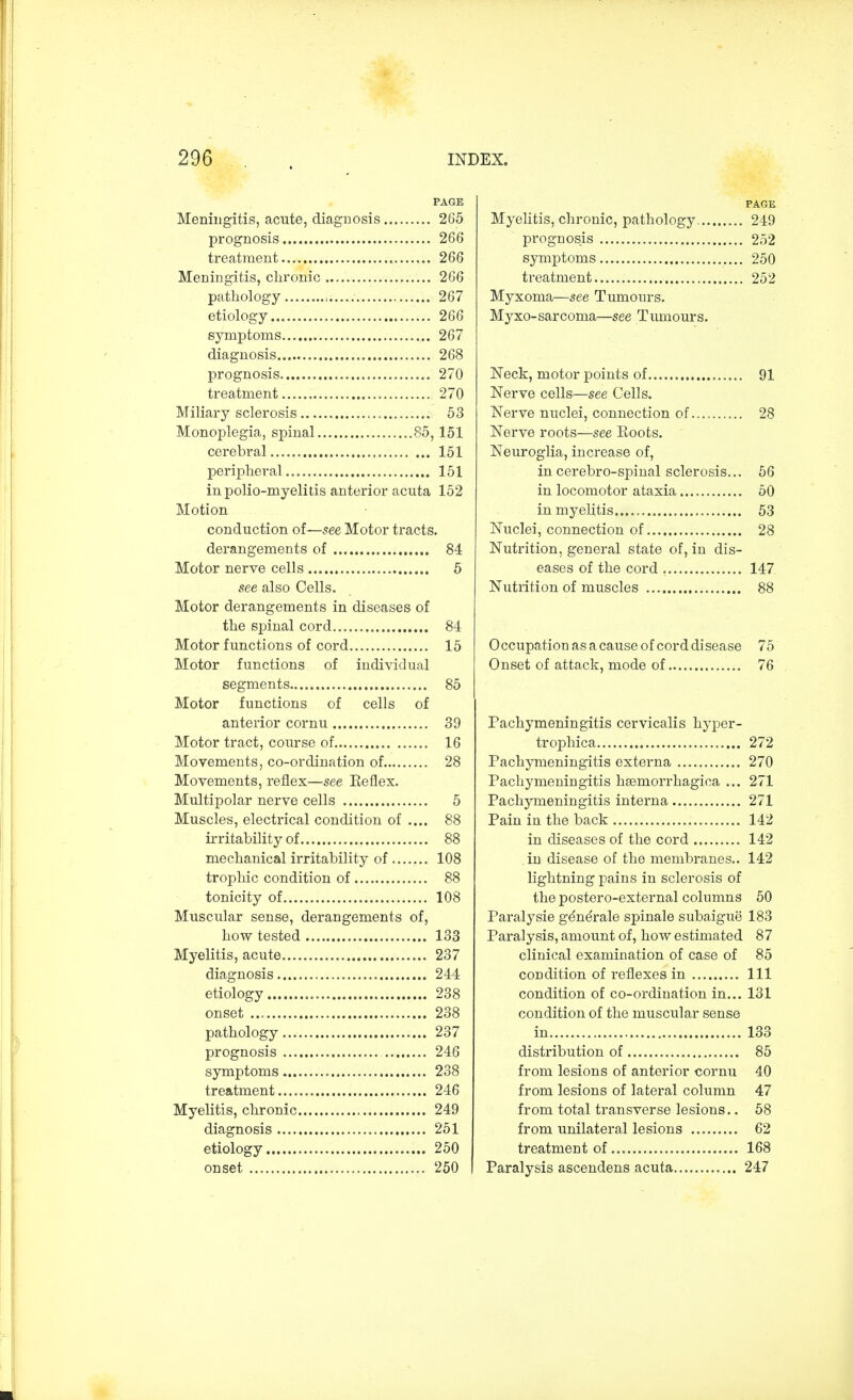 PAGE Meningitis, acute, diagnosis 265 prognosis 266 treatment 266 Meningitis, chronic 266 pathology 267 etiology. 266 symptoms 267 diagnosis 268 prognosis 270 treatment 270 Miliary sclerosis 53 Monoplegia, spinal 85,151 cerebral , 151 peripheral 151 in polio-myelitis anterior acuta 152 Motion conduction of—see Motor tracts, derangements of 84 Motor nerve cells 5 see also Cells. Motor derangements in diseases of the spinal cord 84 Motor functions of cord 15 Motor functions of individual segments 85 Motor functions of cells of anterior cornu 39 Motor tract, course of 16 Movements, co-ordination of 28 Movements, reflex—see Eeflex. Multipolar nerve cells 5 Muscles, electrical condition of .... 88 irritability of 88 mechanical irritability of 108 trophic condition of 88 tonicity of 108 Muscular sense, derangements of, how tested 133 Myelitis, acute 237 diagnosis 244 etiology 238 onset 238 pathology 237 prognosis 246 symptoms 238 treatment 246 Myelitis, chronic 249 diagnosis 251 etiology 250 onset 250 PAGE Myelitis, chronic, pathology 249 prognosis 252 symptoms 250 treatment 252 Myxoma—see Tumours. Myxo-sarcoma—see Tumours. Neck, motor points of 91 Nerve cells—see Cells. Nerve nuclei, connection of 28 Nerve roots—see Boots. Neuroglia, increase of, in cerebro-spinal sclerosis... 56 in locomotor ataxia 50 in myelitis...., , 53 Nuclei, connection of 28 Nutrition, general state of, in dis- eases of the cord 147 Nutrition of muscles 88 Occupation as a cause of cord disease 75 Onset of attack, mode of 76 Pachymeningitis cervicalis hyper- trophica 272 Pachymeningitis externa 270 Pachymeningitis hemorrhagica ... 271 Pachymeningitis interna 271 Pain in the back 142 in diseases of the cord 142 . in disease of the membranes.. 142 lightning pains in sclerosis of the postero-external columns 50 Paralysie gdne'rale spinale subaigue 183 Paralysis, amount of, how estimated 87 clinical examination of case of 85 condition of reflexes in Ill condition of co-ordination in... 131 condition of the muscular sense in 133 distribution of 85 from lesions of anterior cornu 40 from lesions of lateral column 47 from total transverse lesions.. 58 from unilateral lesions 62 treatment of 168 Paralysis ascendens acuta 247