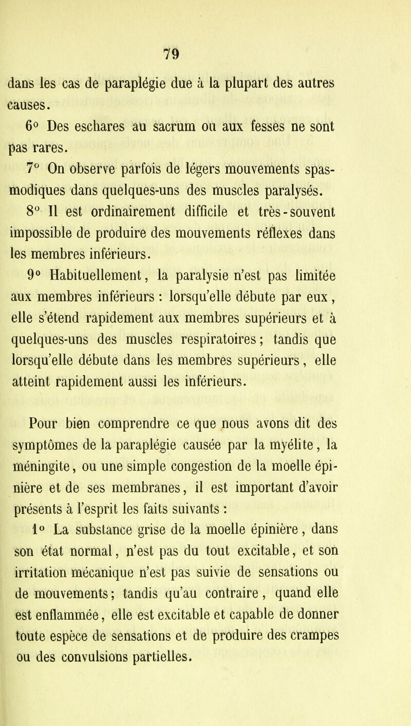 dans les cas de paraplegie due a la plupart des autres causes. 6° Des eschares au sacrum ou aux fesses ne sont pas rares. 7° On observe parfois de legers mouvements spas- modiques dans quelques-uns des muscles paralyses. 8° II est ordinairement difficile et tres-souvent impossible de produire des mouvements reflexes dans les membres inferieurs. 9° Habituellement, la paralysie n'est pas limitee aux membres inferieurs: lorsqu'elle debute par eux, elie s'etend rapidement aux membres superieurs et a quelques-uns des muscles respiratoires; tandis que lorsqu'elle debute dans les membres superieurs, elle atteint rapidement aussi les inferieurs. Pour bien comprendre ce que nous avons dit des symptomes de la paraplegie causee par la myelite, la meningite, ou une simple congestion de la moelle epi- niere et de ses membranes, il est important d'avoir presents a l'esprit les faits suivants : 1° La substance grise de la moelle epiniere, dans son etat normal, n'est pas du tout excitable, et son irritation mecanique n'est pas suivie de sensations ou de mouvements; tandis qu'au contraire , quand elle est enflammee, elle est excitable et capable de donner toute espece de sensations et de produire des crampes ou des convulsions partielles.