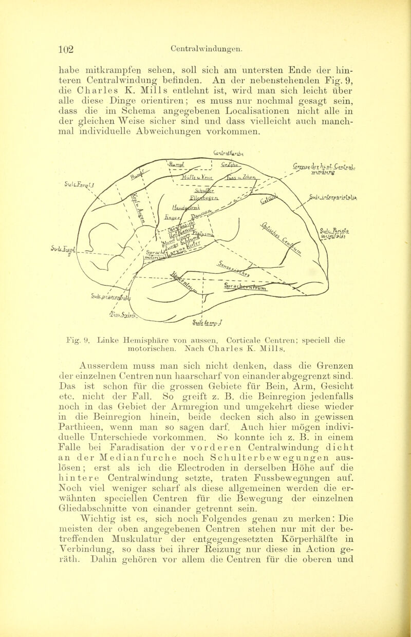 habe mitkrampfen sehen, soil sich am untersten Ende der hin- teren Centralwindung befmden. An der nebenstehenden Fig. 9, die Charles K. Mills entlehnt ist, wird man sich leicht liber alle diese Dinge orientiren; es muss nur nochmal gesagt sein, dass die im Schema angegebenen Localisationen nicht alle in der gleichen Weise sicher sind und dass vielleicht auch manch- mal individuelle Abweichungen vorkommen. Fig. 9. Linke Hemisphere von aussen. Corticale Centren; speciell die motorischen. Nach Charles K. Mills. Ausserdem muss man sich nicht denken, dass die Grenzen der einzelnen Centren nun haarscharf von einander abgegrenzt sind. Das ist schon fur die grossen Gebiete fur Bein, Arm, Gesicht etc. nicht der Fall. So greift z. B. die Beinregion jedenfalls noch in das Gebiet der Armregion und umgekehrt cliese wieder in die Beinregion hinein, beide decken sich also in gewissen Parthieen, wenn man so sagen darf. Auch hier mogen indivi- duelle Unterschiede vorkommen. So konnte ich z. B. in einem Falle bei Faradisation der vorderen Centralwindung dicht an der Median fur che noch Schulterbewegungen aus- losen; erst als ich die Electroden in derselben Hohe auf die hintere Centralwindung setzte, traten Fussbewegungen auf. Noch viel weniger scharf als diese allgemeinen werden die er- wahnten speciellen Centren fur die Bewegung der einzelnen Gliedabschnitte von einander getrennt sein. Wichtig ist es, sich noch Folgendes genau zu merken: Die meisten der oben angeg-ebenen Centren stehen nur mit der be- treffenden Muskulatur der entgegengesetzten Korperhalfte in Verbindung, so dass bei ihrer Reizung nur diese in Action ge- rath. Dahin gehoren vor allem die Centren fur die oberen und