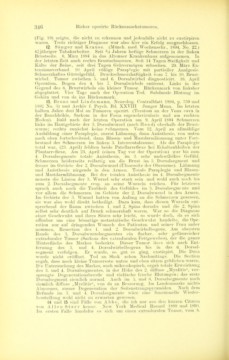 (Fig. 19) zeigte, die nicht zu erkennen und jedenfalls nicht zn exstirpiren waren. Trotz richtiger Diagnose war also hier ein Erf'olg ausgeschlossen. 12. Sanger und Krause. (Munch, med. Wochenschr., 1894, No. 22.) 42jahriger Tabakarbeiter. Seit 3;4 Jahren heftige Schmerzen in der linken Brustseite. 6. Marz 1894 in das Altonaer Krankenhaus aufgenommen. In der letzten Zeit auch rechts Brustschmerzen. Seit 14 Tagen Steifigkeit und Kalte der Beine, seit drei Tagen Gehvermogen erloschen. 20. Marz Ex- tensionsverband. 10. April vollige Parap'egie mit partieller Analgesie. Schmerzhaftes Gurtelgefuhl. Druckschmerzhaftigkeit vom 7. bis 10. Brust- wirbel. Tumor zwischen 5. und 6. Dorsalwirbel diagnosticirt. 16. April Operation. Bogen des 4. bis 7. Dorsalwirbels entfernt. Links in der Gegend des 6. Brustwirbels ein kleiner Tumor. Riickenmark von linksher abgeplattet. Vier Tage nach der Operation Tod. Subdura.le Blutung im Gehirn und von da ins Riickenmark. 13. Bruns und Lindemann. Neurolog. Centralblatt 1894, p. 359 und 1892 No. 3) und Archiv f. Psych. Bd. XXVIII Junger Mann. Im letzten halben Jahre drei Mai an Tumoren operirt. (Teratom an der Vena cava in der Bauchhohle, Sarkom in der Fossa supraclavicularis und am rechten Hoden). Bald nach der letzten Operation am 9. April 1894 Schmerzen links im Hautgebiete der 3. Dorsalwurzel (nach Head) oberhalb der Brust- warze; rechts zunachst keine .chmerzen. Vom 12. April an allmahlige Ausbildung einer Parajilegie, zuerst Lahmung, dann Anasthesie, von unten nach oben fortschreitend, dann Blasen- und Mastdarmlahmung unter Fort- bestand der Schmerzen im linken 3. Intercostalraume. Als die Paraplegie total war, (23. April) fehlten beide Patellarreflexe bei Ei haltenbleiben der Plantarreflexe. Am 23. April (einen Tag vor der Operation) war bis zum 4. Dorsalsegmente totale Anasthesie, im 3. sehr undeutliches Gefiihl. Schmerzen beiderseits reifartig um die Brust im 3. Dorsalsegment und ferner im Gebiete der 2. Dorsalwurzel (Ulnai'seite der Oberarme). Lahmung und Anasthesie nirgends in den Armen. Totale Paraplegie und Blasen- und Mastdarmlaiimung. Bei der totalen Anasthesie im 4. Dorsalsegmente musste die Lasion der 3. Wurzel sehr stark sein und wohl auch noch bis zum 2. Dorsalsegmente resp. an seine Wurzeln reichen. Fiir letzteres sprach auch noch die Taubheit des Gefuhles im 3. Dorsalsegmente und vor allem die Schmerzen im Gebiete der 2. Dorsalwurzel in den Armen. Im Gebiete der 3. Wurzel hatten von Anfang an die Schmerzen gesessen, sie war also wohl direkt betheiligt. Dazu kam, dass diesen Wurzeln ent- sprechend der Raum zwischen 1. und 2. Spina dorsalis und die 2. Spina selbst sehr deutlich auf Druck schmerzhaft waren. War so die Diagnose einer Geschwulst und ihres Sitzes sehr leicht, so wurde cloch, da es sich offenbar um eine bosartige metastatische Geschwulst handelte, die Ope- ration nur auf dringenden Wunsch des Patienten und seiner Frau unter nommen. Resection des 1. und 2. Dorsalwirbelbogens. Am obersten Rande des 3. Dorsal wurzelsegmentes ein flacher, sehr gelassreicher extraduraler Tumor (Sarkom des extraduralen FettgeAvebes), der die ganze Hinternache cles Markes bedeckte. Dieser Tumor lie^s sich nach Ent- fernung des 3. und 4. Dorsalwirbelbogens bis in das 6. Dorsal- segment verfolgen. Er wurde, so gut es ging, exstirpirt. Die Dura wurde nicht eroffnet. Tod an Shok schon Nachmittags. Die Section ergab, dass noch kleine Tumorreste unten und oben sitzen geblieben waren. Die Untersuchung des Markes, auch mikroskopisch, ergab totale Erweichung des 3. und 4. Dorsalsegmentes, in der Hohe des 2. diffuse „Myelitis, ver- sprengte Degenerationsheerde und vielfache frische Blutungen; das erste Dorsalsegment ziemlich normal. Auch im 5. und 6. Dorsalsegmente noch ziemlich diffuse „Myelitis, von da an Besserung. Im Lendenmarke nichts Abnormes, ausser Degeneration der Seitenstrangspyramiden. Nach dem Befunde im 3. und 4. Dorsalsegmente ware eine functionelle Wieder- herstellung wohl nicht zu erwarten gewesen. 14 und !5 sind Falle von Abbe, die ich nur aus den kurzen Citaten von Allen Starr kenne. New York Medical Record 1889 und 1890. Im ersten Falle handelte es sich um einen extraduralen Tumor, vom 8.