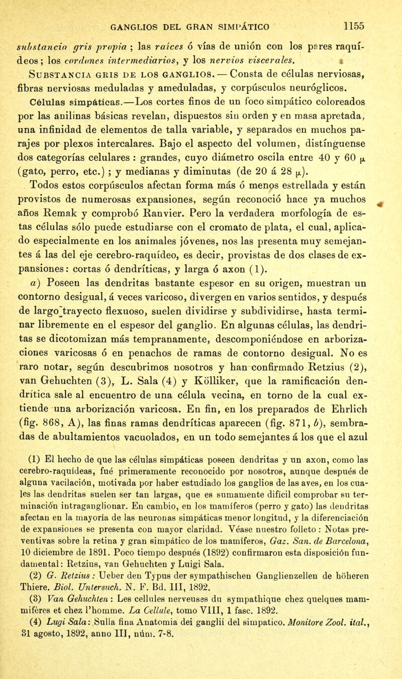 substantia gris propia ; las raices 6 vias de union con los pares raqui- deos; los cor done s intermediaries, y los nervios viscerales. Substancia gris de los ganglios. — Consta de celulas nerviosas, fibras nerviosas meduladas y ameduladas, y corpusculos neuroglicos. Celulas simpaticas.—Los cortes finos de un foco simpatico coloreados por las anilinas basicas revelan, dispuestos sin orden y en masa apretada, una infinidad de elementos de talla variable, y separados en muchos pa- rajes por plexos intercalares. Bajo el aspecto del volumen, distinguense dos categorias celulares : grandes, cuyo diametro oscila entre 40 y 60 ^ (gato, perro, etc.) ; y medianas y diminutas (de 20 a 28 ^J. Todos estos corpusculos afectan forma mas 6 menos estrellada y estan provistos de numerosas expansiones, segun reconocio hace ya muchos anos Remak y comprobo Ranvier. Pero la verdadera morfologia de es- tas celulas solo puede estudiarse con el cromato de plata, el cual, aplica- do especialmente en los animales jovenes, nos las presenta muy semejan- tes a las del eje cerebro-raquideo, es decir, provistas de dos clasesde ex- pansiones: cortas 6 dendriticas, y larga 6 axon (1). a) Poseen las dendritas bastante espesor en su origen, muestran un contorno desigual, a veces varicoso, divergen en varios sentidos, y despues de largo~trayecto flexuoso, suelen dividirse y subdividirse, hasta termi- nar libremente en el espesor del ganglio. En algunas celulas, las dendri- tas se dicotomizan mas tempranamente, descomponiendose en arboriza- ciones varicosas 6 en penachos de ramas de contorno desigual. No es raro notar, segun descubrimos nosotros y han confirmado Retzius (2), van Gehuchten (3), L. Sala (4) y Kolliker, que la ramificacion den- dritica sale al encuentro de una celula vecina, en torno de la cual ex- tiende una arborizacion varicosa. En fin, en los preparados de Ehrlich (fig. 868, A), las finas ramas dendriticas aparecen (fig. 871, b), sembra- das de abultamientos vacuolados, en un todo semejantes a los que el azul (1) El liecho de que las celulas simpaticas poseen dendritas y un axon, como las cerebro-raquideas, fue primeramente reconocido por nosotros, aunque despues de alguna vacilaci6n, motivada por haber estudiado los ganglios de las aves, en los cua- les las dendritas suelen ser tan largas, que es sumamente dificil comprobar su ter- minacion intraganglionar. En cambio, en los mamiferos (perro y gato) las dendritas afectan en la mayoria de las neuronas simpaticas menor longitud, y la diferenciaci6n de expansiones se presenta con mayor claridad. Vease nuestro folleto : Notas pre- ventivas sobre la retina y gran simpatico de los mamiferos, Gaz. San. de Barcelona, 10 diciembre de 1891. Poco tiempo despues (1892) confirmaron esta disposici6n fun- damental: Retzius, van Gehuchten y Luigi Sala. (2) G. Retzius : Ueber den Typus der sympathischen Ganglienzellen de hoheren Thiere. Biol. Untersuch. N. F. Bd. Ill, 1892. (3) Van Gehuchten : Les cellules nerveuses du sympathique chez quelques mara- miferes et chez l'homme. La Cellule, tomo VIII, 1 fasc. 1892. (4) Lugi Sala: Sulla fina Anatomia dei ganglii del simpatico. Monitore Zool. ital., 31 agosto, 1892, anno III, num. 7-8.