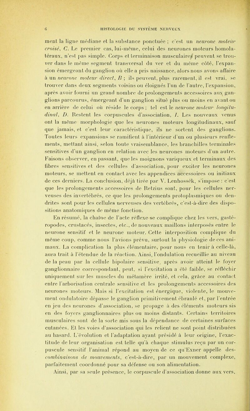 ment la ligne mediane et la substance ponctuee ; c'est un neurone moteiir croise, C. Le premier cas, lui-mgme, celui des neurones moteurs homola- teraux, n'est pas simple. Corps et lerminaison musculaires peuvent se trou- ver dans le meme segment transversal du ver et du meme cote, l'expan- sion emergeant du ganglion oil elle a pris naissance, alors nous avons affaire a un neurone moteur direct, B ; ils peuvent, plus rarement, il est vrai, se trouver dans deux segments voisins ou eloigned Tun de l'autre, l'expansion, apres avoir fourni un grand nombre de prolongements accessoires aux gan- glions parcourus, emergeant d'un ganglion situe plus ou moins en avantou en arriere de celui oil reside le corps ; tel est le neurone moteur longitu- dinal, D. Restent les corpuscules dissociation, /. Les nouveaux venus ont la meme morphologie que les neurones moteurs longiludinaux, sauf que jamais, et c'est leur caracteristique, ils ne sortent des ganglions. Toutes leurs expansions se ramifient a l'interieur d'un ou plusieurs renfle- menls, mettant ainsi, selon toute vraisemblance, les branchilles terminales sensitives d'un ganglion en relation avec les neurones moteurs d'un autre. Faisons observer, en passant, que les moignons variqueux et terminaux des fibres sensitives et des cellules d'association, pour exciter les neurones moteurs, se mettent en contact avec les appendices accessoires ou initiaux de ces derniers. La conclusion, deja tiree par V. Lenhossek, s'impose : c'est que les prolongements accessoires de Retzius sont, pour les cellules ner- veuses des invertebres, ce que les prolongements protoplasmiques ou den- drites sont pour les cellules nerveuses des vertebres, c'est-a-dire des dispo- sitions anatomiques de meme fonction. En resumed la chaine de Facte reflexe-se complique chez les vers, gaste- ropodes, crustac^s, insectes, etc., de nouveaux maillons interposes entre le neurone sensitif et le neurone moteur. Cetle interposition complique du meme coup, comme nous l'avions prevu, surtout la pbysiologie de ces ani- maux. La complication la plus elementaire, pour nous en tenir a celle-la, aura trait a l'etendue de la reaction. Ainsi, l'ondulation recueillie au niveau de la peau par la cellule bipolaire sensitive, apres avoir atteint le foyer ganglionnaire correspondant, peut, si 1'excitation a ete faible, se reflechir uniquement sur les muscles du metamere irrite, et cela, grace au contact entre l'arborisation centrale sensitive et les prolongements accessoires des neurones moteurs. Mais si 1'excitation est energique, violente, le mouve- ment ondulatoire depasse le ganglion primitivement ebranle et, par l'entree en jeu des neurones d'association, se propage a des elements moteurs sis en des foyers ganglionnaires plus ou moins distants. Certains territoires musculaires sont de la sorte mis sous la dependance de certaines surfaces cutanees. Et les voies d'association qui les relient ne sont point distribuees au hasard. L'6volution et l'adaptation ayant preside a leur origine, l'exac- titude de leur organisation est telle qu'a chaque stimulus regu par un cor- puscule sensitif l'animal repond au moyen de ce qu'Exner appelle des- combinaisons de rnouvements, c'est-a-dire, par un mouvement complexe, parfaitement coordonne pour sa defense ou son alimentation. Ainsi, par sa seule presence, le corpuscule d'association donne aux vers.