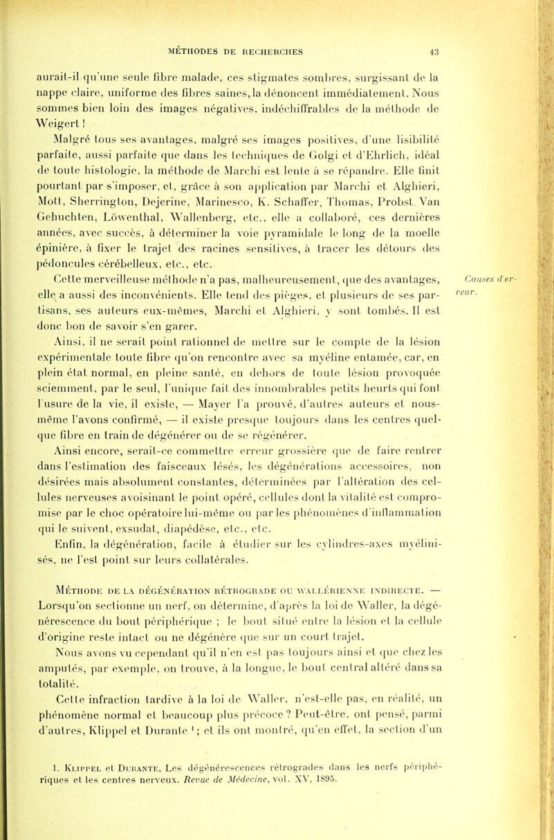 aurait-il qu'une seule fibre malade, ces stigmales sombres, surgissant de la nappe claire, uniforme des fibres saines,la denoncent immediatement. Nous sommes bien loin des images negatives, indechilTrables de la methodc de Weigert! Malgre tous ses avantages, malgre ses images positives, d'une lisibilite parfaite, aussi parfaite que dans les techniques de Golgi et d'Ehrlich, ideal de toute histologic, la medhode de Marchi est lente a se repandre. Elle finit pourlanl par s'imposer, el, grace a son application par Marchi et Alghieri, Mott, Sherrington, Dejerine, Marinesco, K. Sehaffer, Thomas, Probst. Van Gehuchten, Lowenthal, Wallenberg, etc., elle a collabore, ces dernieres annees, avec succes, a determiner la voie pyramidale le long de la moelle 6piniere, a fixer le trajet des racines sensitives, a tracer les detours des pedoncules cerebelleux, etc., etc. Cette merveilleuse melhode n'a pas, malheureusemenl, que des avantages, Causes d er- elle a aussi des inconvenienls. Elle tend des pieges, et plusieurs de ses par- reur- tisans, ses auteurs eux-memes, Marchi et Alghieri, y sont tombes. II est done bon de savoir s'en garer. Ainsi, il ne serait point rationnel de metlre sur le compte de la lesion experimentale toute fibre qu'on rencontre avec sa myeline entamee, car, en plein etat normal, en pleine sante, en dehors de toute lesion provoquee scieminent, par le seul, l'unique fait des innombrables petits heurts qui font l'usure de la vie, il existe, — Mayer l'a prouve, d'aulres auteurs el nous- meme l'avons confirme, — il existe presquo loujours dans les centres quel- que fibre en train de degenerer ou de se regenerer. Ainsi encore, serait-ce commetlre erreur grossiere que de faire rentrer dans l'eslimation des faisceaux leses, les degenerations accessoires, non desirees mais absolument constantes, determinees par l'alleration des cel- lules nerveuses avoisinant le point op6re, cellules dont la vitalite est compro- mise par le choc operatoire lui-meme ou paries phenomenes d'inllamiualion qui le suivent, exsudat, diapedese, etc., etc. Enfin, la degeneration, facile a etudier sur les cylindres-axes myelini- ses, ne Test point sur leurs collaterales. MeTIIODE DE LA DEGENERATION RETROGRADE OU WALLERIENNE INDIRECTE. — Lorsqu'on sectionne un nerf, on determine, d'apres la loi de Waller, la dege- nerescence du bout peripherique ; le bout silue entre la lesion et la cellule d'origine reste intact ou ne degenere que sur un court trajet. Nous avons vu cependant qu'il n'en est pas toujours ainsi et que chezles amputes, par exemple, on trouve, a la longue, le bout central allere danssa totalite. Celle infraction tardive a la loi de Waller, n'est-elle pas, en realile, un phenomene normal el beaucoup plus precoce ? Peut-etre, out pense, parmi d'autres, Klippel et Durante 1; et ils ont monlre, qu'en effet, la section d'un 1. K'lipi'el el Durante, Les d^gen6rescences retrogrades dans les nerfs periphe- riques et les centres nerveux. Revue de Medecine, vol. XV, 1895.