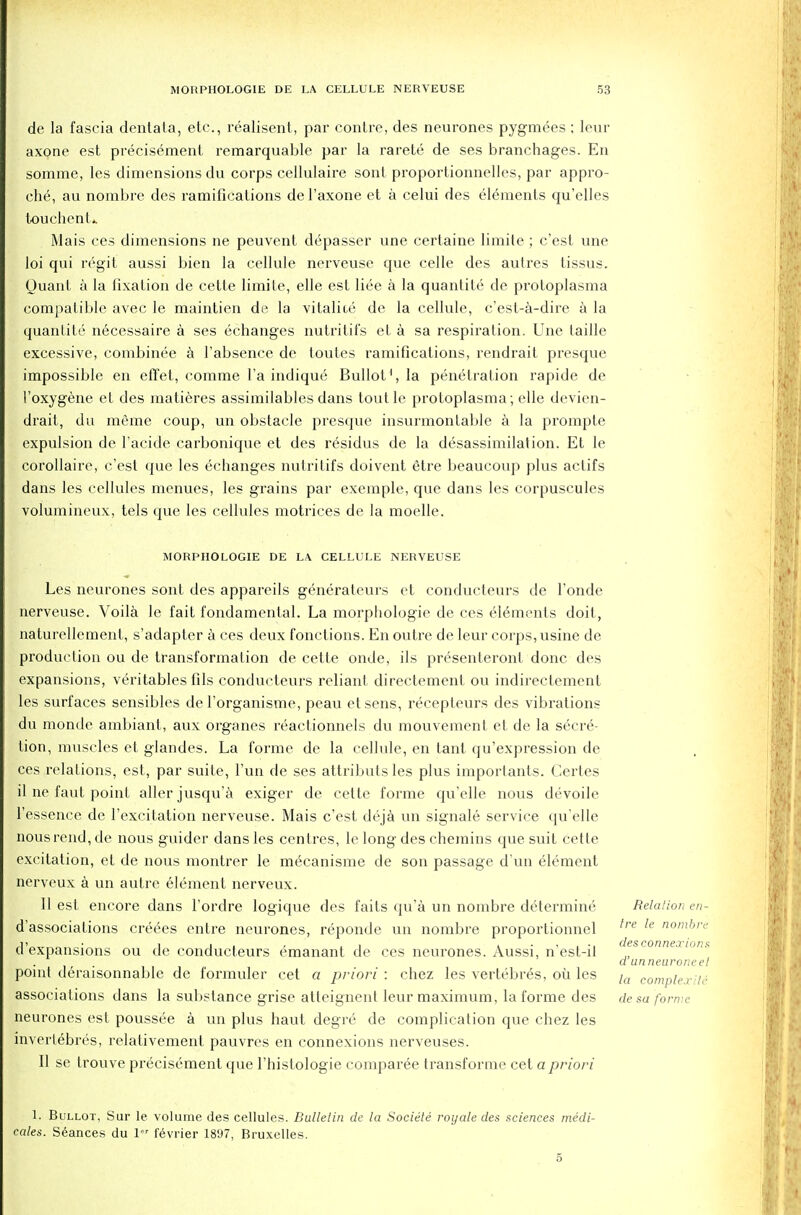 de la fascia denlala, etc., realisent, par contre, des neurones pygmees ; lour axone est precisement remarquable par la rarete de ses branchages. En sorame, les dimensions du corps cellulaire sont proportionnelles, par appro- ehe, au nombre des ramifications del'axone et a celui des elements qu'elles touchenL Mais ces dimensions ne peuvent depasser une certaine limite; c'est une loi qui regit aussi bien la cellule nerveuse que celle des autres tissus. Quant a la fixation de cette limite, elle est liee a la quantile de protoplasma compatible avec le maintien de la vitaliie de la cellule, c'est-a-dire a la quanlite necessaire a ses echanges nutritifs et a sa respiration. Une taille excessive, combinee a l'absence de toutes ramifications, rendrait presque impossible en effet, comme l'a indique Bullot1, la penetration rapide de I'oxygene et des matieres assimilables dans tout le protoplasma; elle devien- drait, du meme coup, un obstacle presque insurmontable a la prompte expulsion de l'acide carbonique et des r6sidus de la desassimilation. Et le corollaire, c'est que les echanges nutritifs doivent 6tre beaucoup plus actifs dans les cellules menues, les grains par exemple, que dans les corpuscules volumineux, tels que les cellules motrices de la moelle. MORPHOLOGIE DE LA. CELLULE NERVEUSE Les neurones sont des appareils generateurs et conducteurs de l'onde nerveuse. Voila le fait fondamental. La morphologic de ces elements doit, naturellcment, s'adapter a ces deux fonctions. En outre de leur corps, usine de production ou de transformation de cette onde, ils presenteront done des expansions, veritables fils conducteurs reliant directement ou indirectement les surfaces sensibles de l'organisme, peau etsens, recepteurs des vibrations du monde ambiant, aux organes reacfionnels du mouvemenf et de la secre- tion, muscles et glandes. La forme de la cellule, en tant qu'expression de ces relations, est, par suite, l'un de ses attributs les plus imporlants. Certes il ne faut point allerjusqu'a exiger de cette forme qu'elle nous devoile l'essence de 1'excitation nerveuse. Mais c'est deja un signale service qu'elle nous rend, de nous guider dans les centres, le long des chemins que suit cette excitation, et de nous montrer le mecanisme de son passage d'un element nerveux a un autre element nerveux. 11 est encore dans l'ordre logique des faits qu'a un nombre determine dissociations creees entre neurones, reponde un nombre proportionnel d'expansions ou de conducteurs 6manant de ces neurones. Aussi, n'est-il point deraisonnable de formuler cet a priori : chez les vertebres, ou les associations dans la substance grise atteignent leur maximum, la forme des neurones est poussee a un plus haut degre de complication que chez les inverlebres, relativement pauvres en connexions nerveuses. II se trouve precisement que l'histologie comparee transforme cet a priori 1. Bullot, Sur le volume des cellules. Bulletin de la Societe royaledes sciences medi- cates. Seances du 1 fevrier 1897, Bruxelles. 5 Relation en- tre le nombre des connexions d'unneuroneel la complex.'tc de sa forme