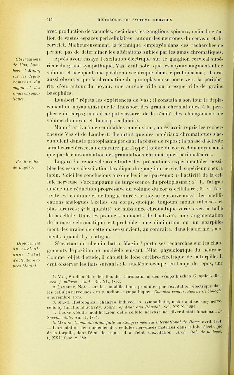 Observations de Vas, Lam- bert et Mann, sur les depla- cements d u noyau et des amas chroma- tiques. Recherches de Lugaro. Diplc cement du nucleole dans Vital d'activile, d'a- pres Magini. avec production de vacuoles, ceci dans les ganglions spinaux, enfin la crea- tion de vastes espaces pericellulaires autour des neurones du cerveau et du cervelet. Malheureusement, la technique employee dans ces recherches ne permit pas de determiner les alterations subies par les amas chromatiques. Apres avoir essaye l'excitation electrique sur le ganglion cervical supe- rieur du grand sympathique, Vas1 crut noter que lesnoyaux augmentent de volume et occupent une position excentrique dans le proloplasma; il crut aussi observer que la chromatine du protoplasma se porte vers la periphe- ric, d'ou, autour du noyau, une aureole vide ou presque vide de grains basophiles. Lambert 2 repeta les experiences de Vas ; il constata a son tour le depla- cement du noyau ainsi que le transport des grains chromatiques a la peri- pheric du corps; mais il ne put s'assurer de la realile des changemenls de volume du noyau et du corps cellulaire. Mann 3 arriva a de semblables conclusions, apres avoir repris les recher- ches de Vas et de Lambert; il soutint que des materiaux chromatiques s'ac- cumulent dans le protoplasma pendant la phase de repos ; la phase d'activite serait caracterisee, au contraire, par l'hypertrophie du corps et du noyau ainsi que par la consommation des granulalions chromatiques perinucleaires. Lugaro 1 a renouvele avec toutes les precautions exp^rimentales possi- bles les essais d'excitation faradique du ganglion cervical superieur chez le lapin. Voici les conclusions auxquelles il est parvenu : i° l'activite de la cel- lule nerveuse s'accompagne de turgescence du protoplasma ; 2° la fatigue amene une reduction progressive du volume du corps cellulaire; 3° si l'ac- tivite est continue et de longue duree, le noyau eprouve aussi des modifi- cations analogues a celles du corps, quoique toujours moins intenses et plus tardives ; 4° la quantite de substance chromatique varie avec la taille de la cellule. Dans les premiers moments de l'activite, une augmentation de la masse chromatique est probable ; une diminution ou un eparpille- ment des grains de celte massesurvient, au contraire, dans les derniers mo- ments, quand il y a fatigue. S'ecartant du chemin battu, Magini5 porta ses recherches sur les chan- gements de position du nucleole suivant l'etat physiologique du neurone. Comme objet d'etude, il choisit le lobe c6rebro-electrique de la torpille. 11 crut observer les faits suivants : le nucleole occupe, en temps de repos, une 1. Vas, Studien iiber den Bau der Chromatin in den sympathischen Ganglienzellen. Arch. f. mikros. Anal., Bd. XL, 1892. 2. Lambert, Notes sur les modifications produites par l'excitation electrique dans les cellules nerveuses des ganglions sympathiques. Comptes rendus, Society de biologie, 4 novembre 1893. 3. Mann, Histological changes induced in sympathetic, motor and sensory nerve- cells by functional activity. Journ. of Anat. and Physiol., vol. XXIX, 1894. 4. Lugaro, Sulle modificazioni delle cellule nervose nei diversi stati funzionali. Lo Sperirnentale. An. II, 1895. 5. Magini, Communication faite au Congres medical international de Rome, avril, 1894. — L'orientation des nuclides des cellules nerveuses motrices dans le lobe electrique de la torpille, dans l'etat de repos et a l'etat d'excitation. Arch. Hal. de biologie, t. XXII, fasc. 2, 1894.