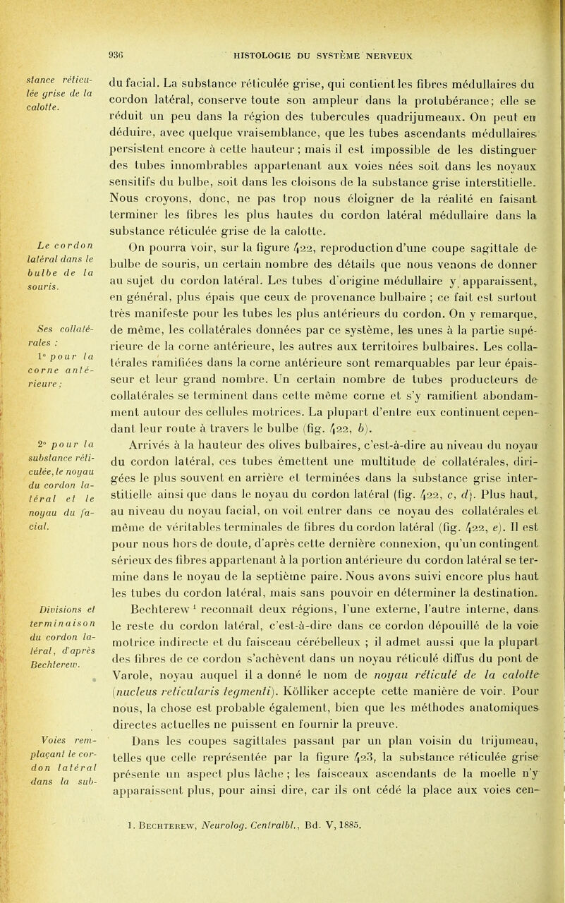 stance reticu- lee grise de la calotte. Le cordon lateral dans le bulbe de la sour is. Ses collale- rales : 1° pour la come anle- rieure: 2° pour la substance riti- culee, le noyau du cordon la- teral et le noyau du fa- cial. Divisions et terminaison du cordon la- teral, d'apres Bechterew. Voies rem- placant le cor- don lateral dans la sub- du facial. La substance reticulee grise, qui contientles fibres medullaires du cordon lateral, conserve toute son ampleur dans la protuberance; elle se r^duit un peu dans la region des tubercules quadrijumeaux. On peut en deduire, avec quelque vraisemblance, que les tubes ascendants medullaires; persistent encore a cette hauteur; mais il est impossible de les distinguer des tubes innombrables appartenant aux voies n£es soit dans les noyaux sensitifs du bulbe, soit dans les cloisons cle la substance grise interstitielle. Nous croyons, done, ne pas trop nous eloigner de la realite en faisant terminer les fibres les plus hautes du cordon lateral medullaire dans la substance reticulee grise de la calotte. On pourra voir, sur la figure 422, reproduction d'une coupe sagittate de- bulbe de souris, un certain nombre des details que nous venons de donner au sujet du cordon lateral. Les tubes d'origine medullaire y apparaissentr en general, plus epais que ceux de provenance bulbaire ; ce fait est surtout tres manifeste pour les tubes les plus anterieurs du cordon. On y remarquer de meme, les collaterales donn6es par ce systeme, les unes a la partie supe- rieure de la come ant6rieure, les autres aux territoires bulbaires. Les colla- terales ramifiees dans la corne anterieure sont remarquables par leur epais- seur et leur grand nombre. Un certain nombre de tubes producteurs d& collaterales se terminent dans cette meme corne et s'y ramifient abondam- ment autour des cellules motrices. La plupart d'enlre eux continuent cepen- dant leur route a travers le bulbe (fig. 422, 6). Arrives a la hauteur des olives bulbaires, e'est-a-dire au niveau du noyau du cordon lateral, ces tubes emeltent une multitude de collaterales, diri- gees le plus souvent en arriere et terminees dans la substance grise inter- stitielle ainsi que dans le noyau du cordon lateral (fig. 422, c, d). Plus haut, au niveau du noyau facial, on voit entrer dans ce noyau des collaterales et ra^me de veritables terminales de fibres du cordon lateral (fig. 422, e). II est pour nous hors de doute, d'apres cette derniere connexion, qu'un contingent serieux des fibres appartenant a la portion anterieure du cordon lateral se ter- mine dans le noyau de la septietne paire. Nous avons suivi encore plus haut les tubes du cordon lateral, mais sans pouvoir en determiner la destination. Bechterew 1 reconnait deux regions, l'une externe, l'autre interne, dans le reste du cordon lateral, e'est-a-dire dans ce cordon depouille de la voie motrice indirecte et du faisceau cerebelleux ; il admet aussi que la plupart des fibres de ce cordon s'achevent dans un noyau reticule diffus du pont de Varole, noyau auquel il a donne le 110m de noyau reticule de la calotte- nucleus reticularis tegmenti). Kolliker accepte cette maniere de voir. Pour nous, la chose est probable egalement, bien que les methodes anatomique- directes actuelles ne puissent en fournir la preuve. Dans les coupes sagittales passant par un plan voisin du trijumeau, telles que celle representee par la figure 423, la substance reticulee grise presente un aspect plus lache ; les faisceaux ascendants de la moelle n'y apparaissent plus, pour ainsi dire, car ils ont cede la place aux voies cen 1. Bechterew, Neurolog. Centralbl., Bd. V, 1885.