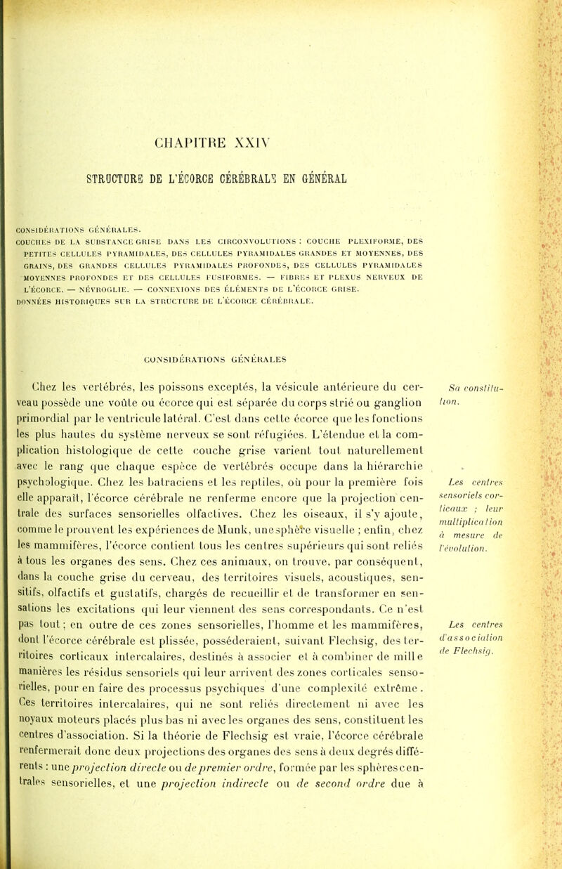 GHAPITRE XX1Y STRUCTURE DE L'ECORCE CEREBRAL'S EN GENERAL CONSIDERATIONS GENERALES. COUCHES DE LA SUBSTANCE GRISE DANS LES CIRCONVOLUTIONS : COUCHE PLEXIFORME, DES PETITES CELLULES PYRAMID A LES, DES CELLULES PYRAMIDALES GRANDES ET MO YENNES, DES GRAINS, DES GRANDES CELLULES PYRAMIDALES PROFONDES, DES CELLULES PYRAMIDALES MO YENNES PROFONDES ET DES CELLULES FCJSIFORME3. — FIBRES ET PLEXUS NERVEUX DE L'ECORCE. — NEVROGLIE. — CONNEXIONS DES ELEMENTS DE L'ECORCE GRISE. DONNLES HISTORIQUES SUR LA STRUCTURE DE L'ECORCE CEREBRALE. CONSIDERATIONS GENEKALES Chez les vertebres, les poissons exceptes, la vesicule anterieure du cer- veau possede une voule ou ecorcequi est separee da corps sine ou ganglion primordial par leventricule lateral. C'est dans cette ecoree que les fonctions les plus hautes du systeme nerveux se sont refugiees. L'etendue et la com- plication hislologique de cette couche grise varient tout naturellement avec le rang que chaque espece de vertebres occupe dans la hierarchie psychologique. Chez les balraciens et les reptiles, ou pour la premiere fois elle apparait, l'ecorce cerebrale ne renferme encore que la projection cen- Irale des surfaces sensorielles olfaclives. Chez les oiseaux, il s'y ajoute, comme le prouvent les experiences de Mank, unesphere visuelle ; enfin, chez les mammiferes, l'ecorce contient tous les centres superieurs qui sont relies a tous les organes des sens. Chez ces animaux, on trouve, par consequent, dans la couche grise du cerveau, des territoires visuels, acoustiques, sen- silif's, olfaclifs et guslatil's, charges de recueillir el de transformer en sen- sations les excitations qui leur viennent des sens correspondants. Ce n'est pas lout; en outre de ces zones sensorielles, 1'homme et les mammiferes, donl l'ecorce cerebrale est plissee, possederaient, suivant Flechsig, des ter- riloires corticaux intercalaires, destines a associer et a combiner de mille manieres les residus sensoriels qui leur arrivent des zones corticales senso- rielles, pour en faire des processus psychiques d'une complexite extreme. Ces territoires intercalaires, qui ne sont relies direclement ni avec les noyaux moteurs places plusbas ni avec les organes des sens, constituent les centres d'associalion. Si la theorie de Flechsig est vraie, l'ecorce cerebrale renfermerait done deux projections des organes des sens a deux degres difTe- rents : une projection directe ou de premier ordre, fonnee par les spheres cen- trales sensorielles, et une projection indirecle ou de second ordre due a Sa constitu- tion. Les centres sensoriels cor- ticaux ; leur multiplication a mesure de revolution. Les centres d'assoc iation de Flechsig.