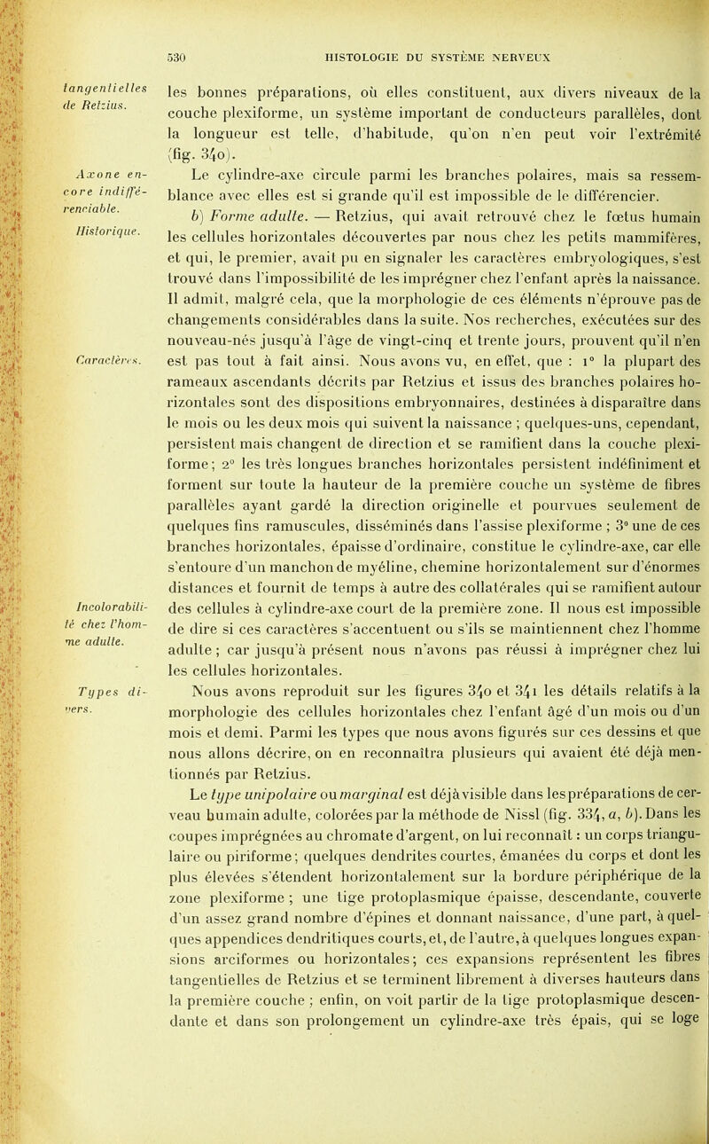 tangentielles de Retzius. Axone en- core indi/fe- renriable. Historique. Caracteres. Incolorabili- te chez Uhom- me adulte. Types di- vers. les bonnes preparations, oil elles constituent, aux divers niveaux de la couche plexiforme, un systeme important de conducteurs paralleles, dont la longueur est telle, d'habitude, qu'on n'en peut voir l'extremite (fig. 34o). Le cylindre-axe circule parmi les branches polaires, mais sa ressem- blance avec elles est si grande qu'il est impossible de le differencier. 6) Forme adulte. — Retzius, qui avait retrouve chez le fetus humain les cellules horizontales decouvertes par nous chez les petits mammiferes, et qui, le premier, avait pu en signaler les caracteres embryologiques, s'est trouve dans l'impossibilite de les impr6gner chez l'enfant apres lanaissance. 11 admit, malgre cela, que la morphologie de ces 61ements n'eprouve pasde changements considerables dans la suite. Nos recherches, executees sur des nouveau-nes jusqu'a 1'age de vingt-cinq et trente jours, prouvent qu'il n'en est pas tout a fait ainsi. Nous avons vu, en effet, que : i° la plupart des rameaux ascendants decrits par Retzius et issus des branches polaires ho- rizontales sont des dispositions embryonnaires, destinies adisparaitre dans le mois ou les deux mois qui suivent la naissance ; quelques-uns, cependant, persistent mais changent de direction et se ramitient dans la couche plexi- forme ; 20 les tres longues branches horizontales persistent indefiniment et torment sur toute la hauteur de la premiere couche un systeme de fibres paralleles ayant garde la direction originelle et pourvues seulement de quelques fins ramuscules, dissemines dans l'assise plexiforme ; 3° une de ces branches horizontales, 6paisse d'ordinaire, constitue le cylindre-axe, car elle s'entoure d'un manchonde myeline, chemine horizontalement sur d'enormes distances et fournit de temps a autre des collaterals qui se ramifient aulour des cellules a cylindre-axe court de la premiere zone. II nous est impossible de dire si ces caracteres s'accentuent ou s'ils se maintiennent chez l'homme adulte; car jusqu'a present nous n'avons pas reussi a impregner chez lui les cellules horizontales. Nous avons reproduit sur les figures 34o et 341 les details relatifs a la morphologie des cellules horizontales chez l'enfant age d'un mois ou d'un mois et demi. Parmi les types que nous avons figures sur ces dessins el que nous allons decrire, on en reconnaitra plusieurs qui avaient ete deja men- tionnes par Retzius. Le type unipolaire ow marginal est dejavisible dans les preparations de cer- veau humain adulte, color6es par la methode de Nissl (fig. 334, a, b). Dans les coupes impregnees au chromate d'argent, on lui reconnait: un corps triangu- laire ou piriforme; quelques dendrites courtes, 6manees du corps et dont les plus 6levees s'etendent horizontalement sur la bordure peripherique de la zone plexiforme ; une tige protoplasmique epaisse, descendante, couverte d'un assez grand nombre d'epines et donnant naissance, d'une part, a quel- ques appendices dendritiques courts, et, de l'autre, a quelques longues expan- sions arciformes ou horizontales; ces expansions representent les fibres tangentielles de Retzius et se terminent librement a diverses hauteurs dans la premiere couche ; enfin, on voit parlir de la tige protoplasmique descen- dante et dans son prolongement un cylindre-axe tres 6pais, qui se loge