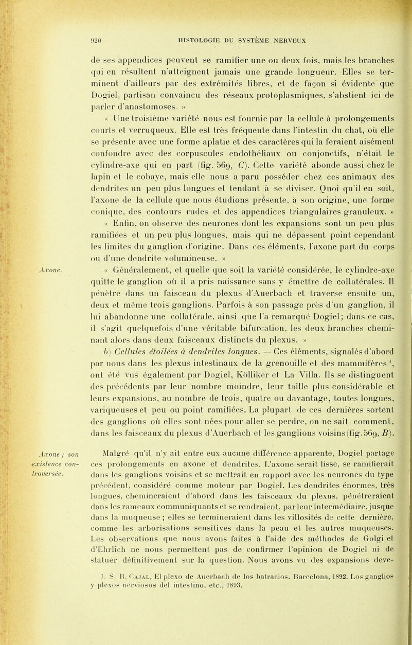 de ses appendices peuvent se ramifier une ou deux fois, mais les branches qui en resultent n'atteignent jamais une grande longueur. Elles se ter- minent d'ailleurs par des extremites libres, et de fagon si 6vidente que Dogiel, partisan convaincu des reseaux protoplasmiques, s'abstient ici de parler d'anastomoses. » « Une troisieme variety nous est fournie par la cellule a prolongements courts et verruqueux. Elle est tres fr^quente dans l'intestin du chat, ou elle se presente avec une forme aplatie et des caracteres qui la feraient aisement confondre avec des corpuscules endotheliaux ou conjonctifs, n'etait le cylindre-axe qui en part (fig. 569, C). Cette variete abonde aussi chez le lapin et le cobaye, mais elle nous a paru posseder chez ces animaux des dendrites un peu plus longues et tendant a se diviser. Quoi qu'il en soit, l'axone de la cellule que nous 6tudions presente, a son origine, une forme conique, des contours rudes et des appendices triangulaires granuleux. » « Enfin, on observe des neurones dont les expansions sont un peu plus ramifiees et un peu plus longues, mais qui ne depassent point cependanf les limites du ganglion d'origine. Dans ces elements, l'axone part du corps ou d'une dendrite volumineuse. » Axone. « Generalement, et quelle que soit la variete consideree, le cylindre-axe quitte le ganglion oil il a pris naissance sans y 6mettre de collaterals. II penetre dans un f'aisceau du plexus d'Auerbach et traverse ensuite un, deux et meme trois ganglions. Parfois a son passage pres d'un ganglion, il lui abandonne une collaterale, ainsi que l'a remarquc4 Dogiel; dans ce cas, il s'agit quelquefois d'une veritable bifurcation, les deux branches chemi- nant alors dans deux faisceaux distincts du plexus. » 6) Cellules etoile'es a dendrites longues. —Ces elements, signales d'abord par nous dans les plexus intestinaux de la grenouille et des mammiferes1, ont ete~ vus egalement par Dogiel, Kolliker et La Villa. lis se distinguent des precedents par leur nombre moindre, leur taille plus considerable et leurs expansions, au nombre de trois, quatre ou davantage, toutes longues, variqueuses et peu ou point ramifiees. La plupart de ces dernieres sortenl des ganglions ou elles sont nees pour aller se perdre, on ne sait comment, dans les faisceaux du plexus d'Auerbach et les ganglions voisins(fig.569, B). Malgre qu'il n'y ait entre eux aucune difference apparente, Dogiel partage ces prolongements en axone et dendrites. L'axone serait lisse, se ramifierait dans les ganglions voisins et se mettrait en rapport avec les neurones du type pr6cedent, considere connne moteur par Dogiel. Les dendrites enormes, tres longues, chemineraient d'abord dans les faisceaux du plexus, penetreraient dans lesrameaux communiquants et se rendraient, par leur interm^diaire, jusque dans la muqueuse ; elles se termineraient dans les villosit^s ds cette derniere, comme les arborisations sensitives dans la peau et les autres muqueuses. Les observations que nous avons faites a l'aide des m6thodes de Golgi et d'Ehrlich ne nous permettent pas de confirmer l'opinion de Dogiel ni de statuer definitivement sur la question. Nous avons vu des expansions deve- Axone; son existence con- Iroversee. 1. S. K. C.ajal, El plexo de Auerbach de los batracios. Barcelona, 1892. Los ganglios y plexos nerviosos del intestino, etc., 1893.