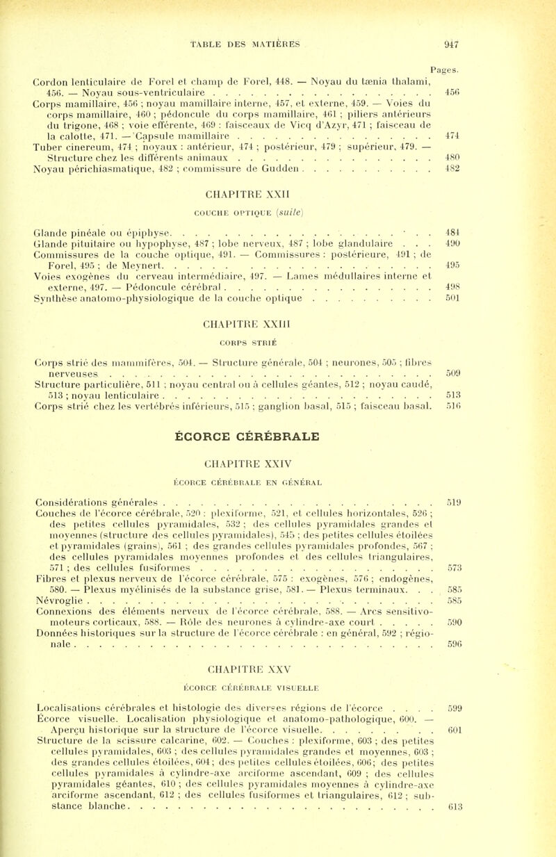 Pages. Cordon lenticulaire de Forel et champ de Forel, 448. — Noyau du ttenia fchalami, 456. — Noyau sous-ventr-iculaire 456 Corps mamillaire, 456 ; noyau rriamillaire interne, 457, et externe, 459. — Voies du corps mamillaire, 460 ; pedoncule du corps mamillaire, 461 ; piliers anterieurs du trigone, 468 ; voie efferente, 469 : faisceaux de Vicq d'Azyr, 471 ; faisceau de la calotte, 471. — Capsule mamillaire 474 Tuber cinereum, 474 ; noyaux : anterieur, 474 ; posterieur, 479 ; superieur, 479. — Structure chez les differents animaux 480 Noyau perichiasmatique, 482 ; commissure de Gudden 482 CHAPITRE XXII COUCHE OPTIQUE (SUlle) Glande pineale ou epipbyse ' • • 484 Glande pituitaire ou hypophyse, 487 ; lobe nerveux, 487 ; lobe glandulaire . . . 490 Commissures de la couche optique, 491. — Commissures : posterieure, 491 ; de Forel, 495 ; de Meynert 495 Voies exogenes du cerveau intermediaire, 497. — Lames medullaires interne et externe, 497. — Pedoncule cerebral 498 Synthese anatomo-physiologique de la couche optique 501 CHAPITRE XXIII CORPS STRIE Corps strie des mammiferes, 504. — Structure generale, 504 ; neurones, 505 ; fibres nerveuses 509 Structure particuliere, 511 ; noyau central ou a cellules geantes, 512 ; noyau caude, 513 ; noyau lenticulaire 513 Corps strie chez les vertebres inferieurs, 515 ; ganglion basal, 515 ; faisceau basal. 516 ECORCE CEREBRALE CHAPITRE XXIV ECORCE CEREBRALE EN GENERAL Considerations generales .... 519 Couches de l'ecorce cerebrale, 520 : plexiforme, 521, et cellules horizontales, 526 ; des petites cellules pyramidales, 532 ; des cellules pyramidales grandes el moyennes (structure des cellules pyramidales), 545 ; des petites cellules etoilees et pyramidales (grains), 561 ; des grandes cellules pyramidales profondes, 567 ; des cellules pyramidales moyennes profondes et des cellules triangulares, 571 ; des cellules fusiformes 573 Fibres et plexus nerveux de l'ecorce cerebrale, 575 : exogenes, 576 ; endogenes, 580. — Plexus myelinises de la substance grise, 581. — Plexus terminaux. . . 585 Nevroglie 585 Connexions des elements nerveux de l'ecorce cerebrale, 588. — Arcs sensitivo- moteurs corticaux, 588. — Role des neurones a cylindre-axe court 590 Donnees historiques sur la structure de l'ecorce cerebrale : en general, 592 ; regio- nale 596 CHAPITRE XXV ECORCE CEREBRALE VISUELLE Localisations cerebrales et histologic des diverses regions de l'ecorce .... 599 Ecorce visuelle. Localisation physiologique et anatomo-pathologique, 600. — Apergu historique sur la structure de l'ecorce visuelle . . 601 Structure de la scissure calcarine, 602. — Couches : plexiforme, 603 ; des petites cellules pyramidales, 603 ; des cellules pyramidales grandes et moyennes, 603 ; des grandes cellules etoilees, 604; des petites cellules etoilees, 606; des petites cellules pyramidales a cylindre-axe arciforme ascendant, 609 ; des cellules pyramidales geantes, 610 ; des cellules pyramidales moyennes a cylindre-axe arciforme ascendant, 612 ; des cellules fusiformes et triangulaires, 612 ; sub- stance blanche 613