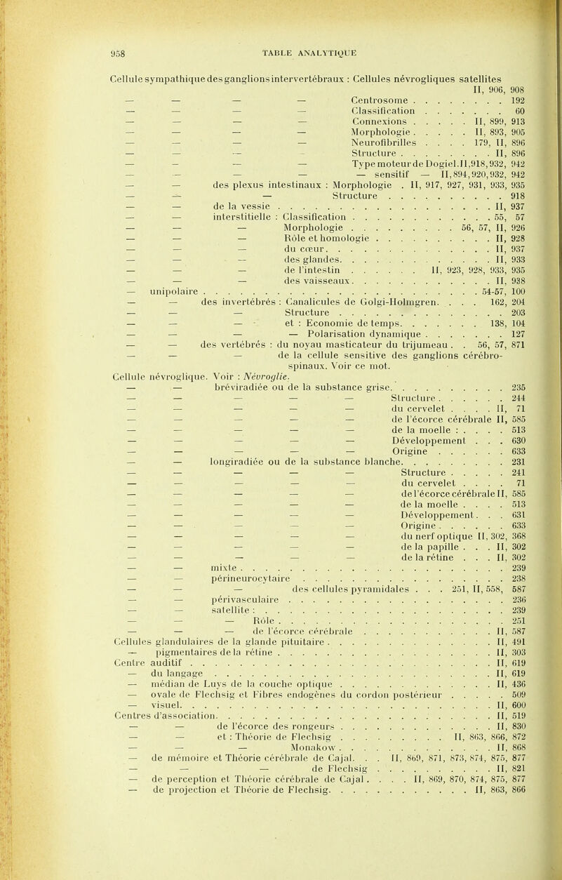 Cellule sympathiquedesganglionsintervertebraux : Cellules nevrogliques satellites II, 906, 908 — — — — Centrosome 192 — Classification 60 — Connexions II, 899, 913 — — Morphologie II, 893, 905 Neurofibrilles .... 179, II, 896 — Structure II, 896 — — TypemoteurdeDogiel.11,918,932, 942 — — sensitif — 11,894,920,932, 942 des plexus intestinaux : Morphologie . II, 917, 927, 931, 933, 935 — — — Structure 918 — — de la vessie II, 937 interstitielle : Classification 55, 57 — — — Morphologie 56, 57, II, 926 — — — Role et homologie II, 928 — — — du coeur II, 937 — — — des glandes , . II, 933 — — de l'intestin II, 923, 928, 933, 935 — — — des vaisseaux II, 938 — unipolaire 54-57, 100 — des invertebres : Canalicules de Golgi-IIolmgren. ... 162, 204 — — — Structure ..... W. . 203 — — et : Economie de temps 138, 104 — — — — Polarisation dynamique 127 — des vertebres : du noyau masticateur du trijuraeau . . 56, 57, 871 — — — de la cellule sensitive des ganglions cerebro- spinaux. Voir ce mot. Cellule nevroglique. Voir : Nevroglie. — — breviradiee ou de la substance grise 235 — — — — — Structure 244 — — — — — du cervelet .... II, 71 — — — de l'ecorce cerebrale II, 585 — — — — — de la moelle : . . . . 513 — — — Developpement . . . 630 — — — — — Origine 633 — longiradiee ou de la substance blanche 231 — — — Structure 241 — — — — — du cervelet .... 71 — — — — de l'ecorce cerebrale II, 585 — — — de la moelle .... 513 — — — — Developpement. . . 631 — — — — — Origine 633 — — — du nerf oplique II, 302, 368 — — — de la papille ... II, 302 — — de la retine ... II, 302 — mixte 239 — — perineurocytaire 238 — — — des cellules pyramidales . . . 251, II, 558, 587 — — perivasculaire 236 satellite : 239 — Role 251 — — — de l'ecorce cerebrale II, 587 Cellules glandulaires de la glande pituitaire II, 491 — pigmentaires dela retine II, 303 Centre auditif II, 619 — du langage II, 619 — median de Luys de la couche optique II, 436 — ovale de Flechsig et Fibres endogenes du cordon poslerieur 509 — visuel II, 600 Centres d'association. II, 519 — — de l'ecorce des rongeurs II, 830 et: Theorie de Flechsig II, 863, 866, 872 — — — Monakow II, 868 — de meinoire et Theorie cerebrale de Cajal. . . II, 8b9, 871, 873, 874, 875, 877 de Flechsig . . II, 821 — de perception et Theorie cerebrale de Cajal. . . . 11, 869, 870,874,875,877 — de projection et Theorie de Flechsig II, 863, 866