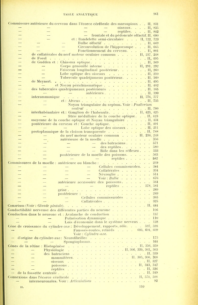 Commissure anterieure du cerveau dans I'ecorce cerebrale des marsupiaux . . II, 831 — — — — oiseaux. . . .II, 835 — — — — repliles. ... II, 842 — — — frontale et du pedoncule olfactif.II, 680 — — et: Bandelette semi-circulaire ... II, 722, 723 — — Bulbe olfactif II, 669 — — Circonvolution de l'hippocampe . . .II, 665 — — Fonctionnement du cerveau II, 881 — de collaterals du nerf moteur oculaire commun II, 237, 248 — de Forel II, 495 — de Gudden ct : Chiasma optique II, 369 — — Corps genouillr interne II, 291, 292 — Faisceau longitudinal posterieur II, 260 — — Lobe optique des oiseaux II, 210 — — Tubercule quadrijumeau posterieur II, 160 — de Meynert II, 495 — — et Noyau perichiasmatique II, 482 des tubercules quadrijumeaux posterieurs II, 165 — — — anterieurs II, 190 — interammonique II, 776, 777 — — et: Alveus II, 735 — Noyau triangulaire du septum. Voir : Psallerium ventral II, 780 — interhabenulaire et: Ganglion de l'habenula II, 423, 425 — — Strie medullaire de la couche optique. . . II, 423 — moyenne de la couche optique et Noyau triangulaire II, 434 posterieure du cerveau et: Couche optique II, 491 — — Lobe optique des oiseaux II, 211 protoplasmique de la cloison transparente II, 788 — — du nerf moleur oculaire commun .... II, 234, 218 — — anterieure de la moelle 356 — — — — des batraciens 571 — — — — des reptiles 580 — — — — Role dans les reflexes . . . 533 — posterieure de la moelle des poissons 563 — — — — reptiles 682 Commissures de la moelle : anterieure ou blanche : 289 — — — — Cellules commissurales. . . 384 — — — — Collaterals 334 — — — — Nevroglie 514 — — — — Voir: Bulbe 676 — — anterieure accessoire des poissons 564 — — — — reptiles 578, 581 — — grise 289 — — posterieure : 289 — — — Cellules commissurales 385 — — — Collaterals 325 Conarium (Voir : Glande pineale) II, 484 Conductibilite nerveuse des dilTerenles parties du neurone 106 Conduction dans le neurone et : Avalanche de conduction 137 — — Polarisation dynamique 110 — — Lois d'economie dans le systeme nerveux . . . 138 Cone de croissance du cylindre-axe : Developpcment, rapports, role. . . . 597, 598 — — — Fausses-roules, retards .... 603, 604, 609 Voir : Cylindre-axe. — d'origine du cylindre-axe: Neurofibrilles 175 — — — Spongioplasma 164 Cdnes de la retine : Hisfogenese II. 356, 359 _ _ Physiologie 11,306,339,361,363 — — des batraciens II, 339 — — mammiferes II, 305, 306, 308 — — oiseaux II, 327 — — poissons II, 343, 347 • — reptiles II, 336 — de la fossette centrale II, 349 Connexions dans I'ecorce cerebrale II, 574, 588 — inlerneuronales. Voir: Articulations 92 ii. 110