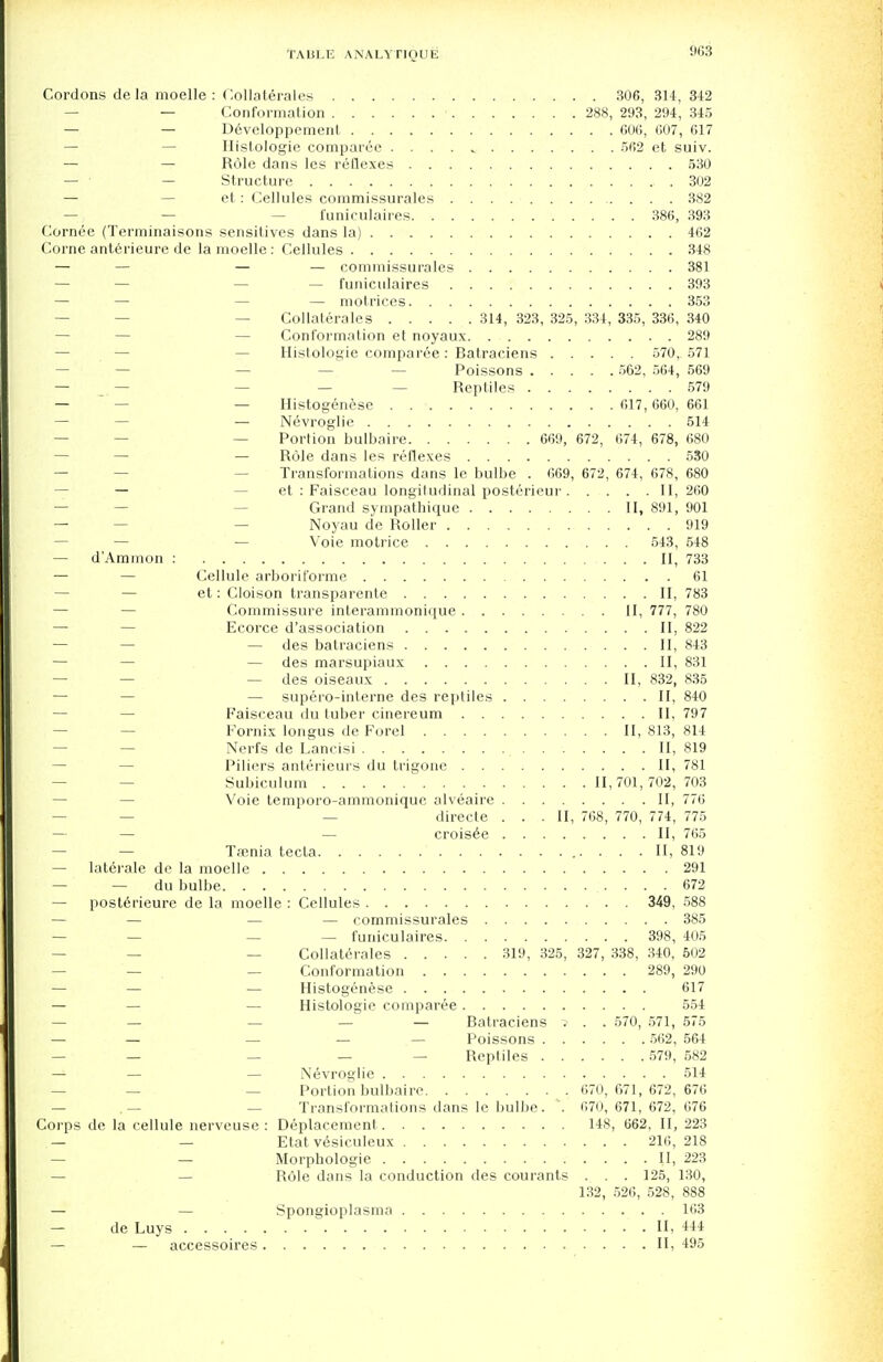 Cordons de la moelle : Collaterales 306, 314, 342 — — Conformation 288, 293, 294, 345 — — Developpement 606, 607, 617 — Histologic comparee . . . . v 562 et suiv. — — Role dans les reflexes 530 — — Structure .302 — et: Cellules commissurales . . . 382 — — — funiculaires 386, 393 Cornee (Terminaisons sensitives dans la) 462 Corne anterieure de la moelle: Cellules 348 — — — — commissurales 381 — — — — funiculaires 393 — — — — motrices 353 — Collaterales 314, 323, 325, 334, 335, 336, 340 — — — Conformation et noyaux 289 — Histologic comparee: Batraciens 570, 571 Poissons 562, 564, 569 — — — — — Reptiles 579 — — Histogenese 617,660, 661 — — — Nevroglie 514 — — Portion bulbaire 669, 672, 674, 678, 680 — — — Role dans les reflexes 530 — Transformations dans le bulbe . 669, 672, 674, 678, 680 — et : Faisceau longitudinal posterieur II, 260 Grand sympathique II, 891, 901 — — Noyau de Roller 919 — — — Voie motrice 543, 548 — d'Ammon : II, 733 — — Cellule arboriforme 61 et: Cloison transparent^ II, 783 — Commissure interammonique II, 777, 780 — — Ecorce d'association II, 822 — — — des batraciens II, 843 — — — des marsupiaux II, 831 — — — des oiseaux II, 832, 835 — — — supero-inlerne des reptiles II, 840 Faisceau du tuber cinereum II, 797 Fornix longus de Forel II, 813, 814 — Nerfs de Lancisi II, 819 Piliers anterieurs du trigone II, 781 Subiculum 11,701,702, 703 Voie temporo-ammoniquc alveaire II, 776 — — directe ... II, 768, 770, 774, 775 — — — crois6e II, 765 — — Taenia tecta II, 819 — laterale de la moelle 291 — — du bulbe 672 — posterieure de la moelle : Cellules 349, 588 — — — — commissurales 385 — — — — funiculaires 398, 405 — — — Collaterales 319, 325, 327, 338, 340, 502 — — — Conformation 289, 290 — — — Histogenese 617 — — — Histologie comparee 554 — — — — — Batraciens v . . 570, 571, 575 — — — — — Poissons 562, 564 — — — — — Reptiles 579, 582 — — — Nevroglie 514 — Portion bulbaire 670, 671, 672, 676 — .— — Transformations dans Ie bulbe. . 670,671,672,676 Corps de la cellule nerveuse : Deplacement 148, 662, II, 223 — — Etat vesiculeux 216, 218 — — Morphologie II, 223 — — Role dans la conduction des courants . . . 125, 130, 132, 526, 528, 888 — — Spongioplasma 163 — de Luys . II, 444 — — accessoires II, 495