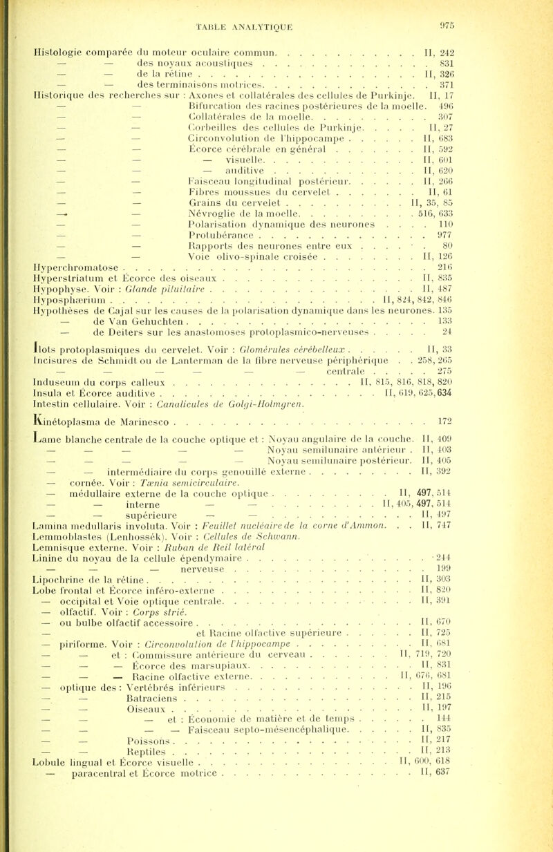 Histologic comparee du moteur oculaire commun II, 242 — — des noyaux acoustiques 831 — — de la retine II, 326 — des terminaisons niolrices 371 Historique des recherches sur : Axones et collalerales des cellules de Purkinje. II, 17 — Bifurcation des racines posterieures de la moelle. 496 — — Collalerales de la moelle 307 — Corbeilles des cellules de Purkinje II, 27 — Circonvolution de l'hippocampe II, 683 Ecorce cerebrate en general II, 592 — — — visuelle II, 601 — — — auditive II, 620 — Faisceau longitudinal posterieur II, 266 Fibres moussues du cervelel II, 61 — — Grains du cervelet II, 35, 85 — NeWroglie de la moelle 516, 633 Polarisation dynamique des neurones .... 110 — — Protuberance 977 — Rapports des neurones entre eux ...... 80 — — Voie olivo-spinale croisee II, 126 Hyperchromatose 216 Hyperstrialum et Ecorce des oiseaux II, 835 Hypophyse. Voir : Glande piluilaire II, 487 Hypospluerium II, 824, 842, 846 Hypotheses de Cajal sur les causes de la polarisation dynamique dans les neurones. 135 — de Van Gehuchten 133 de Deiters sur les anastomoses proloplasmico-nerveuses 24 Jlols protoplasmiques du cervelet. Voir : Glomerules cerebelleux II, 33 Incisures de Schmidt ou de Lanterman dc la fibre nerveuse peripherique . . 258,265 — — — — — — cenlrale 275 Induseum du corps calleux II. 815, 816, 818,820 Insula et Ecorce auditive II, 619, 625,634 Intestin cellulaire. Voir : Canalicules de Golgi-llolmgren. Kinetoplasma de Marinesco 172 Lame blanche centrale de la couche oplique ct : Noyau angulaire de la couche. II, 409 — — — — — Noyau semilunaire anterieur . II, 403 — — — — Noyau semilunaire posterieur. 11,405 — intermediaire du corps genouille externe II, 392 — corn6e. Voir : Tsenia semicirculaire. — medullaire externe de la couche optique II, 497,514 — — interne — 11,405,497,514 — — superieure — — II, 497 Lamina medullaris involuta. Voir : Feuillet nucleaire de la come d'Ammon. . . II, 747 Lemmoblastes (Lenhossek). Voir : Cellules de Schwann. Lemnisque externe. Voir : Ruban de Reil lateral Linine du noyau de la cellule ependymaire 244 — — — nerveuse 199 Lipochrine de la retine II, 303 Lobe frontal et Ecorce infero-externe II, 82o — occipital et Voie optique centrale 11,391 — olfactif. Voir : Corps strie. — ou bulbe olfactif accessoire II- 670 — et Racine oll'active superieure II, 725 — piriforme. Voir : Circonvolution de l'hippocampe II, 681 — — et : Commissure anterieure du cerveau II, 719, 720 — — — Ecorce des marsupiaux II, 831 — — — Racine olfaetive externe II, 076, 681 — optique des: Vertebres inferieurs II, 196 — — Batraciens II, 215 — - Oiseaux . II, 197 — — — et : Economie de matiere et de temps 144 — — — — Faisceau septo-mesencephalique II, 835 — — Poissohs II, 217 — — Reptiles II, 213 Lobule lingual et Ecorce visuelle II, 600, 618 — paracentral et Ecorce motrice II, 637