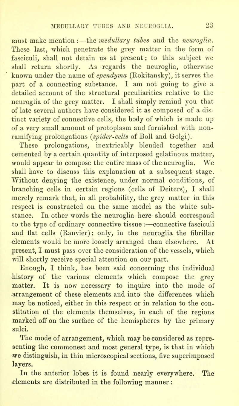 must make mention :—the medullary tubes and tlie neuroglia. These last, which penetrate the grey matter in the form of fasciculi, shall not detain us at present; to this subject we shall return shortly. As regards the neuroglia, otherwise known under the name of ependyma (llokitansky), it serves the part of a connecting substance. I am not going to give a detailed account of the structural peculiarities relative to the neuroglia of the grey matter. I shall simply remind you that of late several authors have considered it as composed of a dis- tinct variety of connective cells, the body of which is made up of a very small amount of protoplasm and furnished with non- ramifying prolongations {spider-cells of Boll and Golgi). These prolongations, inextricably blended together and cemented by a certain quantity of interposed gelatinous matter, would appear to compose the entire mass of the neuroglia. We shall have to discuss this explanation at a subsequent stage. Without denying the existence,, under normal conditions, of branching cells in certain regions (cells of Deiters), I shall merely remark that, in all probability, the grey matter in this respect is constructed on the same model as the white sub- stance. In other words the neuroglia here should correspond to the type of ordinary connective tissue :—connective fasciculi and flat cells (Ranvier); only, in the neuroglia the fibrillar elements would be more loosely arranged than elsewhere. At present, I must pass over the consideration of the vessels, which will shortly receive special attention on our part. Enough, I think, has been said concerning the individual history of the various elements which compose the grey matter. It is now necessary to inquire into the mode of arrangement of these elements and into the dififerences which may be noticed, either in this respect or in relation to the con- stitution of the elements themselves, in each of the regions marked off on the surface of the hemispheres by the primary sulci. The mode of arrangement, which may be considered as repre- senting the commonest and most general type, is that in which .we distinguish, in thin microscopical sections, five superimposed layers. In the anterior lobes it is found nearly everywhere. The elements are distributed in the following manner;