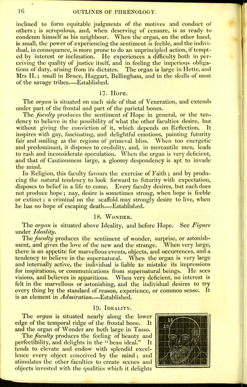 inclined to form equitable judgments of the motives and conduct of others; is scrupulous, and, when deserving of censure, is as ready to condemn himself as his neighbour. When the organ, on the other hand, is small, the power of experiencing the sentiment is feeble, and the indivi- dual, in consequence, is more prone to do an unprincipled action, if tempt- ed by interest or inclination. He experiences a difficulty both in per- ceiving the quality of justice itself, and in feeling the imperious obliga- tions of duty, arising from its dictates. The organ is large in Hette, and Mrs H.; small in Bruce, Haggart, Bellingham, and in the skulls of most of the savage tribes.—Established. 17. Hope. The organ is situated on each side of that of Veneration, and extends under part of the frontal and part of the parietal bones. The faculty produces the sentiment of Hope in general, or the ten- dency to believe in the possibility of what the other faculties desire, but without giving the conviction of it, which depends on Reflection. It inspires with gay, fascinating, and delightful emotions, painting futurity fair and smiling as the regions of primeval bliss. When too energetic and predominant, it disposes to credulity, and, in mercantile men, leads to rash and inconsiderate speculation. When the organ is very deficient, and that of Cautiousness large, a gloomy despondency is apt to invade the mind. In Religion, this faculty favours the exercise of Faith ; and by produ- cing the natural tendency to look forward to futurity with expectation, disposes to belief in a life to come. Every faculty desires, but each does not produce hope; nay, desire is sometimes strong, when hope is feeble or extinct; a criminal on the scaffold may strongly desire to live, when he has no hope of escaping death Established. 18. Wonder. The organ is situated above Ideality, and before Hope. See Figure under Ideality. The faculty produces the sentiment of wonder, surprise, or astonish- ment, and gives the love of the new and the strange. When very large, there is an appetite for marvellous events, objects, and occurrences, and a tendency to believe in the supernatural. When the organ is very large and internally active, the individual is liable to mistake its impressions for inspirations, or communications from supernatural beings. He sees visions, and believes in apparitions. When very deficient, no interest is felt in the marvellous or astonishing, and the individual desires to try every thing by the standard of reason, experience, or common sense. It is an element in Admiration Established. 19. Ideality. The organ is situated nearly along the lower edge of the temporal ridge of the frontal bone. It and the organ of Wonder are both large in Tasso. The faculty produces the feeling of beauty and perfectibility, and delights in the beau ideal. It tends to elevate and endow with splendid excel- lence every object conceived by the mind; and stimulates the other faculties to create scenes and objects invested with the qualities which it delights