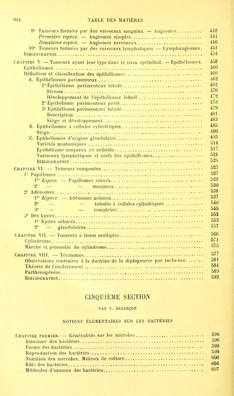 9° Tumeurs formees par des vaisseaux sanguins. — Angiomes 412 Premiere espece. — Angiomes simples.. 444 Deuxieme espece. — Angiomes caverneux 446 10° Tumeurs formees par des vaisseaux lymphatiques. — Lymphangiomas. 451 BlBUO'iRAPHIE 454 Chapitre V. — Tumeurs ayant leur type dans le tissu epithelial.—Epitheliomes. 458 Epitheliomes 460 Definition et classification des epitheliomes 460 A. Epitheliomes pavimenteux 462 1° Epitheliome pavimenteux lobule 462 Stroma 470 Developpement de I'epitheliome lobule ..• 472 2° Epithelioma pavimenteux perle 478 3° Epitheliome pavimenteux tubule 479 Description 481 Siege et developpement 4-83 B. Epitheliomes a cellules cvlindriques 4?85 Siege 490 C. Epitheliomes d'origine glandulaire 495 Varietes anatomiques 514 Epitheliome muqueux on colloide 517 Vaisseaux lymphatiques et nerfs des epitheliomes 521 BlBLIOGRAPHIE 525 Chapitre VI. — Tumeurs composees 527 1° Papillomes > 527 lre Espece. — Papillomes cornes . 529 2e — — muqueux. 530 2° Adenomes 536 lre Espece. — Adenomes acineux 537 28 — — tubules a cellules cylindriques 540 3° — — complexes 545 3° Des kysles 552 1° Kystes sebaces 553 2° — glandulaires 557 Chapitre VII. — Tumeurs a tissus multiples 566 Cylindrome 571 Marche et pronostic du cylindrome 575 Chapitre VIII. — Teratomes 577 Observations contraires a la doctrine de la diplogenese par inclusion 581 Theorie de Tenclavement 584 Parthenogenese 589 BlBLIOGRAPHIE , 593 CINQU1EME SECTION PAR F. BEZANCON NOTIONS ELEMENTAIRES SUR LES BACTERIES Chapitre premier. — Generalites sur les microbes 596 Structure des bacteries 596 Forme des bacteries 598 Reproduction des bacteries 599 Nutrition des microbes. Milieux de culture 600 Rdle des bacteries 604 Methodes d'examen des bacteries 607