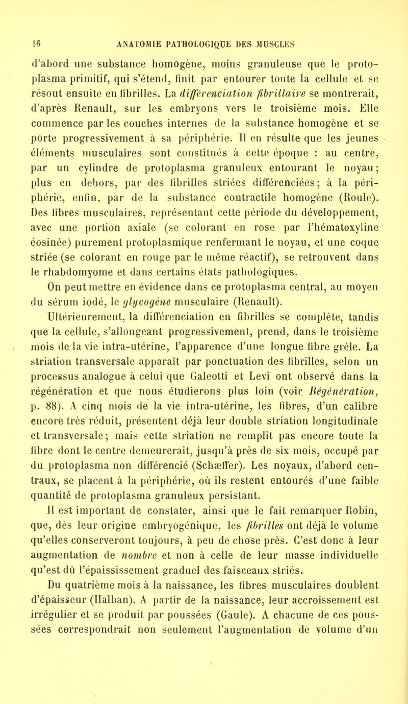 d'abord une substance homogene, moins granuleuse que le proto- plasma primitif, qui s'etend, flnit par entourer toute la cellule et se resout ensuite en fibrilles. La differentiation fibrillaire se montrerait, d'apres Renault, sur les embryons vers le troisieme mois. Elle commence par les couches internes de la substance homogene et se porte progressivement a sa peripheric II en resulte que les jeunes elements musculaires sont constitues a cette epoque : au centre, par un cylindre de protoplasma granuleux entourant le noyau; plus en dehors, par des fibrilles striees differeneiees; a la peri- pheric, enfin, par de la substance contractile homogene (Roule). Des fibres musculaires, representant cette periode du developpement, avec une portion axiale (se colorant en rose par l'hematoxyline eosinee) purement protoplasmique renfermant le noyau, et une coque striee (se colorant en rouge par le meme reactif), se retrouvent dans le rhabdomyome et dans certains etats pathologiques. On peutmettre en evidence dans ce protoplasma central, au moyen du serum iode, le glycogene musculaire (Renault). Ulterieurement, la differentiation en fibrilles se complete, tandis que la cellule, s'allongeant progressivement, prend, dans le troisieme mois de la vie intra-uterine, l'apparence d'une longue fibre grele. La striation transversale apparait par ponctuation des librilles, selon un processus analogue a celui que Galeotti et Levi ont observe dans la regeneration et que nous etudierons plus loin (voir Regeneration, p. 88). A cinq mois de la vie intra-uterine, les fibres, d'un calibre encore tres reduit, presentent cleja leur double striation longitudinale et transversale; mais cette striation ne remplit pas encore toute la fibre dont le centre demeurerait, jusqu'a pres de six mois, occupe par du protoplasma non differencie (Schaeffer). Les noyaux, d'abord cen- traux, se placent a la peripheric, ou ils restent entoures d'une faible quantite de protoplasma granuleux persistant. II est important de constater, ainsi que le fait remarquer Robin, que, des leur origine embryogenique, les fibrilles ont deja le volume qu'elles conserveront toujours, a peu de chose pres. G'est done a leur augmentation de nombre et non a celle de leur masse individuelle qu'est du l'epaississement graduel des faisceaux sti'ies. Du quatrieme mois a la naissance, les fibres musculaires doublent d'epaisseur (Halban). A partir de la naissance, leur accroissement est irregulier et se produit par poussees (Gaule). A chacune de ces pous- sees correspondrait non seulement l'augmentation de volume d'un