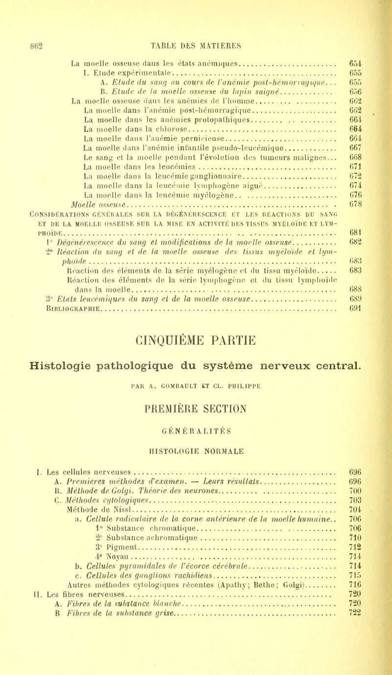 La moelle osseuse dans les etats anemiques 654 I. Etude experimentale 655 A. Etude du sang au cours de Vanemie post-hemorragique... 655 B. Etude de la moelle osseuse du lapin saigne 656 La moelle osseuse dans les anemies de l'homme 662 La moelle dans l'anemie post-hemorragique 662 La moelle dans les anemies protopathiques 661 La moelle dans la chlorose 664 La moelle dans l'anemie pernicieuse 661 La moelle dans l'anemie infantile pseudo-leucemique 667 Le sang et la moelle pendant revolution des tumeurs malignes... 668 La moelle dans les leucemies 671 La moelle dans la leucemie ganglionnaire 672 La moelle dans la leucemie lymphogene aigue 674 La moelle dans la leucemie myelogene 676 Moelle osseuse 678 Considerations generales sur la deg£nerescence et les reactions du sang et de la moelle osseuse sur la mise en activite des tissus myeloide et lym- PHOlDE 681 1° Degenerescence du sang et modifications de la moelle osseuse 682 2° Reaction du sang et de la moelle osseuse des tissus myeloide et hjm- pho'ide 083 Reaction des elements de la serie myelogene et du tissu myeloide 683 Reaction des elements de la serie lymphogene et du tissu lymphoide dans la moelle 688 3° Etats leucemiques du sang et de la moelle osseuse 689 BlBLIOGRAPHIE 691 CINQUIEME PARTIE Histologie pathologique du systeme nerveux central. PAR A. GOMBAULT ET CL. PHILIPPE PREMIERE SECTION GENERALITIES HISTOLOGIE NORMALE I. Les cellules nerveuses 696 A. Premieres methodes d'examen. — Leurs resultats 696 B. Methode de Golgi. Theorie des neurones 700 C. Methodes cytologiques 703 Methode de Nissl 704 a. Cellule radiculaire de la come anterieure de la moelle humaine.. 706 1° Substance chromatique 706 2° Substance achromatique 710 3° Pigment 712 4° Noyau 714 b. Cellules pyramidales de Vecorce cerebrate 714 c. Cellules des ganglions rachidiens 715 Autres methodes cytologiques recentes (Apathy; Rethe; Golgi) 716 II. Les fibres nerveuses 720 A. Fibres de la substance blanche 720 R, Fibres de la substance grise 722