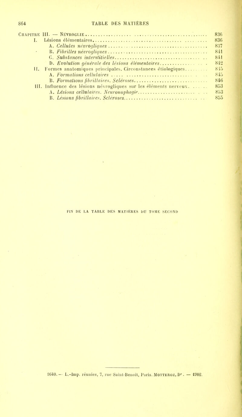 Chapitre III. — Nevroglie 836 I. Lesions elementaires 836 A. Cellules nevrogliques . 837 B. Fibrilles nevrogliques 844 C. Substances interstitielles 84-1 D. Evolution generate des lesions elementaires 842 II. Formes anatomiques principales. Circonstanees etiologiques 815 A. Formations cellulaires 845 B. Formations fibrillaires. Scleroses 84-6 III. Influence des lesions nevrogliques sur les elements nerveux 853 A. Lesions cellulaires. Neuronophagy 853 B. Lesions fibrillaires. Scleroses 855 FIN DE LA TABLE DES MATIERES DU TOME SECOND 1640. — L.-Imp. reunies, 7, rue Samt-Benoit, Paris. Motteroz, Dr. — 1902.