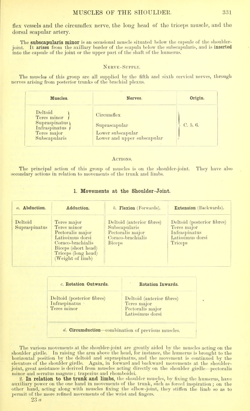 flex vessels and the circumflex nerve, the long head of the triceps muscle, and the dorsal scapular artery. The subscapularis minor is an occasional muscle situated Ijelow the capsule of the shoulder- joint. It arises from the axillary border of the scapula below the subscapularis, and is inserted into the capsule of the joint or the upper part of the shaft of the humerus. Nerve-Supply. The muscles of this group are all supplied by the tifth and sixtli cervical nerves, through nerves arising from posterior trunks of the brachial plexus. Muscles. Nerves. Origin. Deltoid ) Teres minor / Suj^raspinatus ) Infraspinatus / Teres major Subscapularis Circumflex Suprascaj)ular Lower subscapular Lower and upj)er subscapular ^ C. 5. 6. Actions. The principal action of this group of muscles is on the shoulder-joint. They have also :secondary actions in relation to movements of the trunk and limbs. 1. Movements at the Shoulder-Joint. a. Abduction. Adduction. h. Flexion (Forwards). Extension (Backwards). Deltoid Supraspinatus Teres major Teres minor Pectoralis major Latissimus dorsi Coraco-brachialis Biceps (short head) TricejDS (long head) (Weight of limb) Deltoid (anterior fibres) Subscapularis Pectoralis major Coraco-brachialis BicejDs Deltoid (posterior fibres) Teres major Infraspinatus Latissimus dorsi Triceps c. Rotation Outwards. Rotation Inwards. Deltoid (posterior fibres) Infraspinatus - Teres minor Deltoid (anterior fibres) Teres major Pectoralis major Latissimus dorsi d. Circumduction—combination of j)revious muscles. The various movements at the shoulder-joint are greatly aided by the muscles acting on the shoulder girdle. In raising the arm above the head, for instance, the humerus is brought to the horizontal position by the deltoid and supraspinatus, and the movement is continued by the elevators of the shoulder girdle. Again, in forward and backward movements at the shoulder- joint, great assistance is derived from muscles acting directly on the shoulder girdle—pectoralis minor and serratus magnus ; trapezius and rhomboidei. 2. In relation to the trunk and limbs, the shoulder muscles, by fixing the humerus, have auxiliary power on the one hand in movements of the trunk, such as forced inspiration ; on the other hand, acting along with muscles fixing the elbow-joint, they stiffen the limb so as to j)ermit of the more refined movements of the wrist and fingers. 23 ci