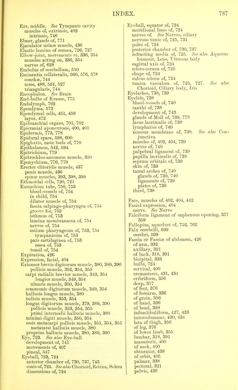 Ear, middle. See Tympanic cavity muscles of, extrinsic, 402 intrinsic, 746 Ebner, glands of, 771 Ejaculator urinae muscle, 436 Elastic lamina of cornea, 726, 727 Elbow-joint, movements at, 336, 354 muscles acting on, 336, 354 nerves of, 628 Embolus of cerebellum, 510 Eminentia collateralis, 560, 576, 578 conchse, 744 teres, 488, 524, 527 triangularis, 744 Enceplialon. See Brain End-bulbs of Krause, 775 Endolymph, 762 Ependyma, 573 Ependymal cells, 451, 459 layer, 472 Epibranchial organs, 701, 702 Epicranial aponeurosis, 400, 401 Epidermis, 773, 778 Epidural space, 598, 600 Epiglottis, taste buds of, 770 Epithalamus, 542, 594 Epitricbium, 779 EjDitrochleo-anconeus muscle, 350 Eponycbium, 776, 779 Erector clitoridis muscle, 437 penis muscle, 436 spinse muscles, 393, 398, 399 Ethmoidal cells, 720, 721 Eustachian tube, 750, 753 blood-vessels of, 754 in child, 754 dilator muscle of, 754 fascia salpingo-pharyngea of, 754 groove for, 753 isthmus of, 753 lamina membranacea of, 754 nerves of, 754 ostium pharyngeum of, 753, 754 tympanicum of, 753 pars cartilaginea of, 753 ossea of, 753 tonsil of, 754 Expiration, 426 Expression, facial, 404 Extensor brevis digitorum muscle, 380, 389, 390 poUicis muscle, 352, 354, 355 carpi radialis brevior muscle, 349, 354 longior muscle, 349, 354 ulnaris muscle, 350, 354 communis digitorum muscle, 349, 354 hallucis longus muscle, 380 indicis muscle, 353, 354 longus digitorum muscle, 379, 389, 390 poUicis muscle, 353, 354, 355 primi internodii hallucis muscle, 380 minimi digiti muscle, 350, 354 ossis metacarpi poUicis muscle, 351, 354, 355 metatarsi hallucis muscle, 380 proprius hallucis muscle, 380, 389, 390 Eye, 723. See also Eye-ball development of, 741 movements of, 407 pineal, 547 Eyeball, 723, 724 anterior chamber of, 730, 737, 743 coats of, 725. See also Chorioid, Retina, Sclera dimensions of, 724 Eyeball, equator of, 724 meridional lines of, 724 nerves of. See Nerves, ciliary nervous tunic of, 725, 731 poles of, 724 posterior chamber of, 730, 737 refracting media of, 725. See also Aqueous humour. Lens, Vitreous body sagittal axis of, 724 sclero-cornea of, 725 shape of, 724 sulcus sclerge of, 724 tunica vasculosa of, 725, 727. See also Chorioid, Ciliary body, Iris Eyelashes, 738, 739 Eyelids, 738 blood-vessels of, 740 canthi of, 738 development of, 743 glands of Moll of, 739, 778 lacus lacrimalis of, 738 lymphatics of, 740 mucous membrane of, 738. See also Con- junctiva muscles of, 402, 404, 739 nerves of, 740 palpebral ligament of, 739 papilla lacrimalis of, 738 septum orbitale of, 739 skin of, 739 tarsal arches of, 740 glands of, 739, 740 ligaments of, 739 plates of, 738 third, 738 Face, muscles of, 402, 404, 442 Facial expression, 404 nerve. See Nerve Falciform ligament of saphenous opening, 357 359 Fallopius, aqueduct of, 752, 762 Falx cerebelli, 599 cerebri, 599 Fascia or Fascise of abdomen, 426 of arm, 332 axillary, 321 of back, 318, 391 bicipital, 333 bulbi, 724 cervical, 400 cremasteric, 431, 434 cribriform, 356 deep, 317 of foot, 376 of forearm, 336 of groin, 356 of hand, 336 . of head, 399 infundibuliform, 427, 433 intercolumnar, 430, 434 lata of thigh, 356 of leg, 376 of lower limb, 355 lumbar, 318, 391 masseteric, 400 of neck, 400 obturator, 438 of orbit, 405 palmar, 338 pectoral, 321 pelvic, 438