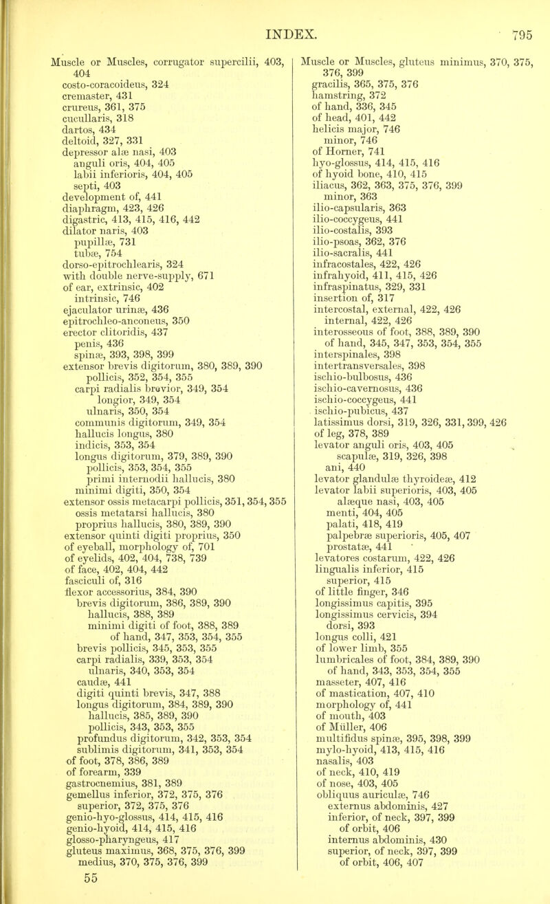 Muscle or Muscles, corrugator supercilii, 403, 404 costo-coracoideus, 324 cremaster, 431 crureus, 361, 375 cucullaris, 318 dartos, 434 deltoid, 327, 331 depressor alse nasi, 403 auguli oris, 404, 405 labii inferioris, 404, 405 septi, 403 development of, 441 diaphragm, 423, 426 digastric, 413, 415, 416, 442 dilator naris, 403 pupilke, 731 tubte, 754 dorso-epitroclilearis, 324 with double nerve-supply, 671 of ear, extrinsic, 402 intrinsic, 746 ejaculator urinse, 436 epitrochleo-anconeus, 350 erector clitoridis, 437 penis, 436 spinas, 393, 398, 399 extensor brevis digitoriim, 380, 389, 390 pollicis, 352, 354, 355 carpi radialis brevior, 349, 354 longior, 349, 354 ulnaris, 350, 354 communis digitorum, 349, 354 hallucis longus, 380 indicis, 353, 354 longus digitorum, 379, 389, 390 pollicis, 353, 354, 355 primi internodii hallucis, 380 minimi digiti, 350, 354 extensor ossis metacarpi pollicis, 351, 354, 355 ossis metatarsi hallucis, 380 proprius hallucis, 380, 389, 390 extensor quinti digiti proprius, 350 of eyeball, morphology of, 701 of eyelids, 402, 404, 738, 739 of face, 402, 404, 442 fasciculi of, 316 flexor accessorius, 384, 390 brevis digitorum, 386, 389, 390 hallucis, 388, 389 minimi digiti of foot, 388, 389 of hand, 347, 353, 354, 355 brevis pollicis, 345, 353, 355 carpi radialis, 339, 353, 354 ulnaris, 340, 353, 354 caudse, 441 digiti quinti brevis, 347, 388 longus digitorum, 384, 389, 390 hallucis, 385, 389, 390 pollicis, 343, 353, 355 profundus digitorum, 342, 353, 354 sublimis digitorum, 341, 353, 354 of foot, 378, 386, 389 of forearm, 339 gastrocnemius, 381, 389 gemellus inferior, 372, 375, 376 superior, 372, 375, 376 genio-hyo-glossus, 414, 415, 416 genio-hyoid, 414, 415, 416 glosso-pharyngeus, 417 gluteus maximus, 368, 375, 376, 399 medius, 370, 375, 376, 399 55 Muscle or Muscles, gluteus minimus, 370, 375, 376, 399 gracilis, 365, 375, 376 hamstring, 372 of hand, 336, 345 of head, 401, 442 helicis major, 746 minor, 746 of Horner, 741 hyo-glossus, 414, 415, 416 of hyoid bone, 410, 415 iliacus, 362, 363, 375, 376, 399 minor, 363 ilio-capsularis, 363 ilio-coccygeus, 441 ilio-costalis, 393 ilio-psoas, 362, 376 ilio-sacralis, 441 infracostales, 422, 426 infrahyoid, 411, 415, 426 infraspinatus, 329, 331 insertion of, 317 intercostal, external, 422, 426 internal, 422, 426 interosseous of foot, 388, 389, 390 of hand, 345, 347, 353, 354, 355 intersjDinales, 398 intertransversales, 398 ischio-bulbosus, 436 ischio-cavernosus, 436 ischio-coccygeus, 441 ischio-pubicus, 437 latissimus dorsi, 319, 326, 331, 399, 426 of leg, 378, 389 levator anguli oris, 403, 405 scapulse, 319, 326, 398 ani, 440 levator glandulse thyroidese, 412 levator labii superioris, 403, 405 alseque nasi, 403, 405 menti, 404, 405 palati, 418, 419 palpebrse superioris, 405, 407 prostatse, 441 levatores costarum, 422, 426 lingualis inferior, 415 superior, 415 of little finger, 346 longissimus capitis, 395 longissimus cervicis, 394 dorsi, 393 longus colli, 421 of lower limb, 355 lumbricales of foot, 384, 389, 390 of hand, 343, 353, 354, 355 masseter, 407, 416 of mastication, 407, 410 morphology of, 441 of mouth, 403 of Miiller, 406 multifidus spinse, 395, 398, 399 mylo-hyoid, 413, 415, 416 nasalis, 403 of neck, 410, 419 of nose, 403, 405 obliquus auriculae, 746 externus abdominis, 427 inferior, of neck, 397, 399 of orbit, 406 internus abdominis, 430 superior, of neck, 397, 399 of orbit, 406, 407