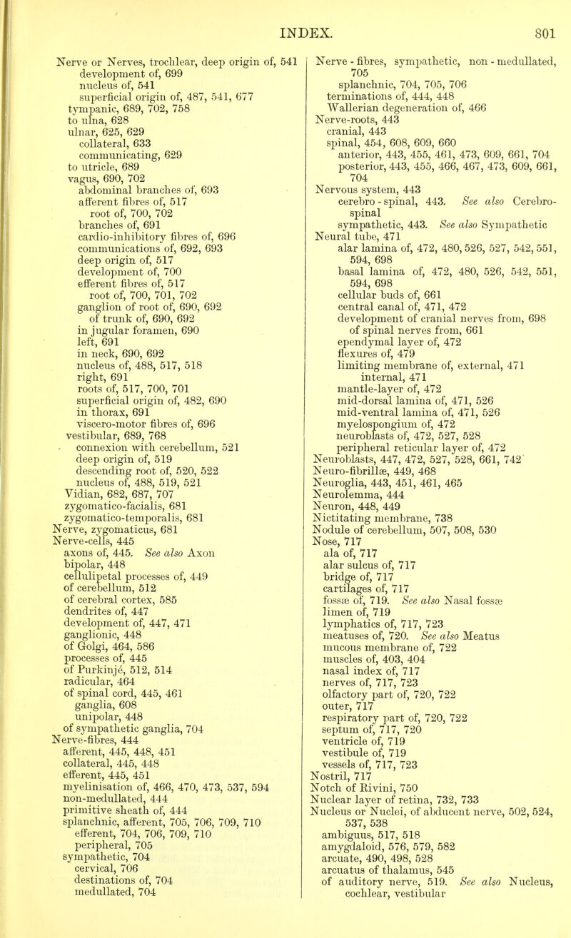 Nerve or Nerves, trochlear, deep origin of, 541 development of, 699 nuclens of, 541 superficial origin of, 487, 541, 677 tympanic, 689, 702, 758 to ulna, 628 ulnar, 625, 629 collateral, 633 communicating, 629 to utricle, 689 vagus, 690, 702 abdominal brandies of, 693 afferent fibres of, 517 root of, 700, 702 branches of, 691 cardio-inhibitory fibres of, 696 communications of, 692, 693 deep origin of, 517 development of, 700 efterent fibres of, 517 root of, 700, 701, 702 ganglion of root of, 690, 692 of trunk of, 690, 692 in jugular foramen, 690 left, 691 in neck, 690, 692 nucleus of, 488, 517, 518 right, 691 roots of, 517, 700, 701 superficial origin of, 482, 690 in thorax, 691 viscero-motor fibres of, 696 vestibular, 689, 768 connexion with cerebellum, 521 deep origin of, 519 descending root of, 520, 522 nucleus of, 488, 519, 521 Vidian, 682, 687, 707 zygomatico-facialis, 681 zygomatico-temporalis, 681 Nerve, zygomaticus, 681 Nerve-cells, 445 axons of, 445. See also Axon bipolar, 448 cellulipetal processes of, 449 of cerebellum, 512 of cerebral cortex, 585 dendrites of, 447 development of, 447, 471 ganglionic, 448 of Golgi, 464, 586 processes of, 445 of Purkinje, 512, 514 radicular, 464 of spinal cord, 445, 461 ganglia, 608 unipolar, 448 of sympathetic ganglia, 704 Nerve-fibres, 444 afferent, 445, 448, 451 collateral, 445, 448 efferent, 445, 451 myelinisation of, 466, 470, 473, 537, 594 non-medullated, 444 primitive sheath of, 444 splanchnic, afferent, 705, 706, 709, 710 efferent, 704, 706, 709, 710 peripheral, 705 sympathetic, 704 cervical, 706 destinations of, 704 medullated, 704 Nerve - fibres, sympathetic, non - medullated, 705 splanchnic, 704, 705, 706 terminations of, 444, 448 Wallerian degeneration of, 466 Nerve-roots, 443 cranial, 443 spinal, 454, 608, 609, 660 anterior, 443, 455, 461, 473, 609, 661, 704 posterior, 443, 455, 466, 467, 473, 609, 661, 704 Nervous system, 443 cerebro - spinal, 443. See also Cerebro- spinal sympathetic, 443. See also Sympathetic Neural tube, 471 alar lamina of, 472, 480, 526, 527, 542, 551, 594, 698 basal lamina of, 472, 480, 526, 542, 551, 594, 698 cellular buds of, 661 central canal of, 471, 472 development of cranial nerves from, 698 of spinal nerves from, 661 ependymal layer of, 472 flexures of, 479 limiting membrane of, external, 471 internal, 471 mantle-layer of, 472 mid-dorsal lamina of, 471, 526 mid-ventral lamina of, 471, 526 myelospongium of, 472 neuroblasts of, 472, 527, 528 peripheral reticular layer of, 472 Neuroblasts, 447, 472, 527, 528, 661, 742 Neuro-fibrillae, 449, 468 Neuroglia, 443, 451, 461, 465 Neurolemma, 444 Neuron, 448, 449 Nictitating membrane, 738 Nodule of cerebellum, 507, 508, 530 Nose, 717 ala of, 717 alar sulcus of, 717 bridge of, 717 cartilages of, 717 fossae of, 719. See also Nasal foss£e limen of, 719 lymphatics of, 717, 723 meatuses of, 720. See also Meatus mucous membrane of, 722 muscles of, 403, 404 nasal index of, 717 nerves of, 717, 723 olfactory part of, 720, 722 outer, 717 respiratory part of, 720, 722 septum of, 717, 720 ventricle of, 719 vestibule of, 719 vessels of, 717, 723 Nostril, 717 Notch of Rivini, 750 Nuclear layer of retina, 732, 733 Nucleus or Nuclei, of abducent nerve, 502, 524, 537, 538 ambiguus, 517, 518 amygdaloid, 576, 579, 582 arcuate, 490, 498, 528 arcuatus of thalamus, 545 of auditory nerve, 519. See also Nucleus, cochlear, vestibular