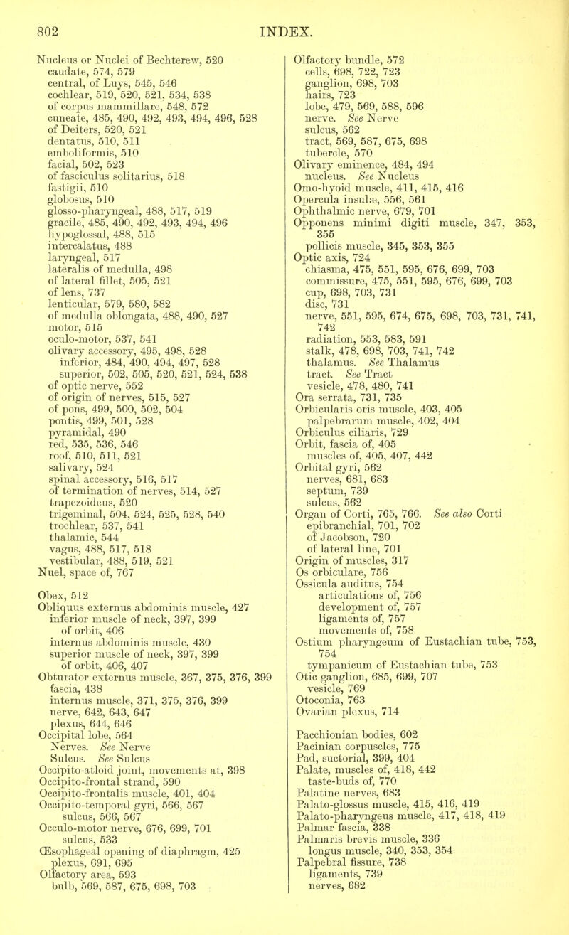 Nucleus or Nuclei of Bechterew, 520 caudate, 574, 579 central, of Luys, 545, 546 cochlear, 519, 520, 521, 534, 538 of corpus mammillare, 548, 572 cuiieate, 485, 490, 492, 493, 494, 496, 528 of Deiters, 520, 521 dentatus, 510, 511 emboliformis, 510 facial, 502, 523 of fasciculus solitarius, 518 fastigii, 510 globosus, 510 glosso-pliaryngeal, 488, 517, 519 gracile, 485, 490, 492, 493, 494, 496 hypoglossal, 488, 515 intercalatus, 488 laryngeal, 517 lateralis of medulla, 498 of lateral fillet, 505, 521 of lens, 737 lenticular, 579, 580, 582 of medulla oblongata, 488, 490, 527 motor, 515 oculo-motor, 537, 541 olivary accessory, 495, 498, 528 inferior, 484, 490, 494, 497, 528 superior, 502, 505, 520, 521, 524, 538 of oj)tic nerve, 552 of origin of nerves, 515, 527 of pons, 499, 500, 502, 504 pontis, 499, 501, 528 pyramidal, 490 red, 535, 536, 546 roof, 510, 511, 521 salivary, 524 spinal accessory, 516, 517 of termination of nerves, 514, 527 traj)ezoideus, 520 trigeminal, 504, 524, 525, 528, 540 trochlear, 537, 541 thalamic, 544 vagus, 488, 517, 518 vestibular, 488, 519, 521 Nuel, space of, 767 Obex, 512 Obliquus externus abdominis muscle, 427 inferior muscle of neck, 397, 399 of orbit, 406 internus abdominis muscle, 430 superior muscle of neck, 397, 399 of orbit, 406, 407 Obturator externus muscle, 367, 375, 376, 399 fascia, 438 internus muscle, 371, 375, 376, 399 nerve, 642, 643, 647 plexus, 644, 646 Occipital lobe, 564 Nerves. See Nerve Sulcus. See Sulcus Occipito-atloid joint, movements at, 398 Occipito-frontal strand, 590 Occipito-frontalis muscle, 401, 404 Occipito-temporal gyri, 566, 567 sulcus, 566, 567 Occulo-motor nerve, 676, 699, 701 sulcus, 533 (Esophageal opening of diaphragm, 425 plexus, 691, 695 Olfactory area, 593 bulb, 569, 587, 675, 698, 703 Olfactory bundle, 572 cells, 698, 722, 723 ganglion, 698, 703 hairs, 723 lobe, 479, 569, 588, 596 nerve. See Nerve sulcus, 562 tract, 569, 587, 675, 698 tubercle, 570 Olivary eminence, 484, 494 nucleus. See Nucleus Omo-hyoid muscle, 411, 415, 416 Opercula insuke, 556, 561 Oj)hthalmic nerve, 679, 701 Opponens minimi digiti muscle, 347, 353, 355 poUicis muscle, 345, 353, 355 Optic axis, 724 chiasma, 475, 551, 595, 676, 699, 703 commissure, 475, 551, 595, 676, 699, 703 cup, 698, 703, 731 disc, 731 nerve, 551, 595, 674, 675, 698, 703, 731, 741, 742 radiation, 553, 583, 591 stalk, 478, 698, 703, 741, 742 thalamus. See Thalamus tract. See Tract vesicle, 478, 480, 741 Ora serrata, 731, 735 Orbicularis oris muscle, 403, 405 palpebrarum muscle, 402, 404 Orbiculus ciliaris, 729 Orbit, fascia of, 405 muscles of, 405, 407, 442 Orbital gyri, 562 nerves, 681, 683 septum, 739 sulcus, 562 Organ of Corti, 765, 766. See also Corti epibranchial, 701, 702 of Jacobson, 720 of lateral line, 701 Origin of muscles, 317 Os orbiculare, 756 Ossicula auditus, 754 articulations of, 756 development of, 757 ligaments of, 757 movements of, 758 Ostium pharyngeum of Eustachian tube, 753, 754 tympanicum of Eustachian tube, 753 Otic ganglion, 685, 699, 707 vesicle, 769 Otoconia, 763 Ovarian plexus, 714 Pacchionian bodies, 602 Pacinian corpuscles, 775 Pad, suctorial, 399, 404 Palate, muscles of, 418, 442 taste-buds of, 770 Palatine nerves, 683 Palato-glossus muscle, 415, 416, 419 Palato-pharyngeus muscle, 417, 418, 419 Palmar fascia, 338 Palmaris brevis muscle, 336 longus muscle, 340, 353, 354 Palpebral fissure, 738 ligaments, 739 nerves, 682